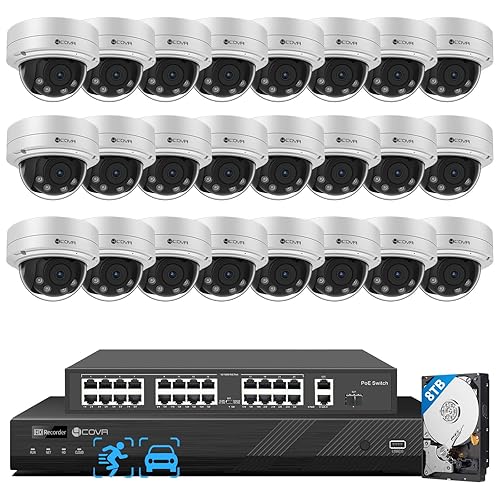 4COVR PoE AutoFocus 32 Channel Security Camera System AI Person Vehicle Detection, 24x 8MP 5X Optical Motorized Zoom IK10 Vandal-Proof Dome IP Camera
