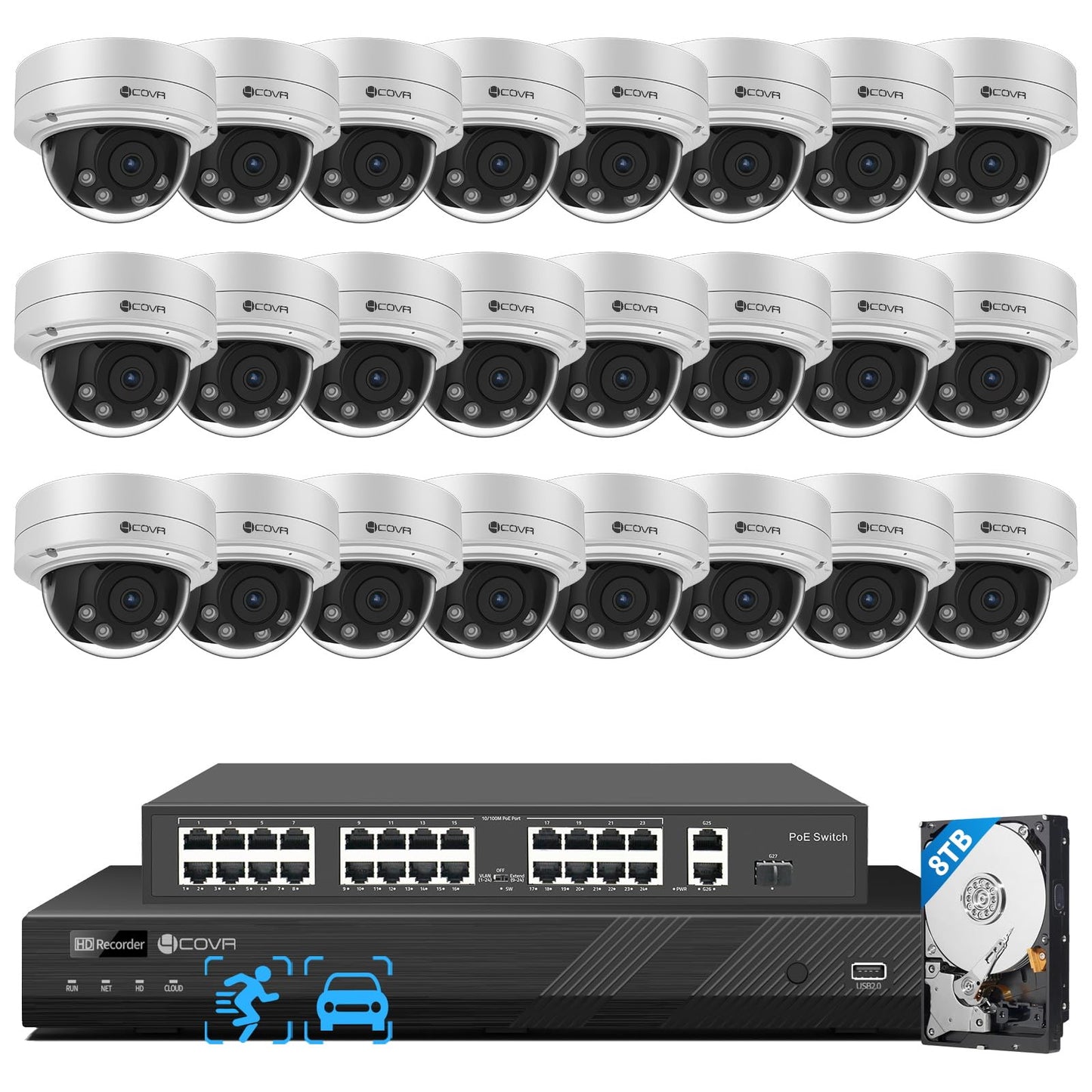 4COVR PoE AutoFocus 32 Channel Security Camera System AI Person Vehicle Detection, 24x 8MP 5X Optical Motorized Zoom IK10 Vandal-Proof Dome IP Camera