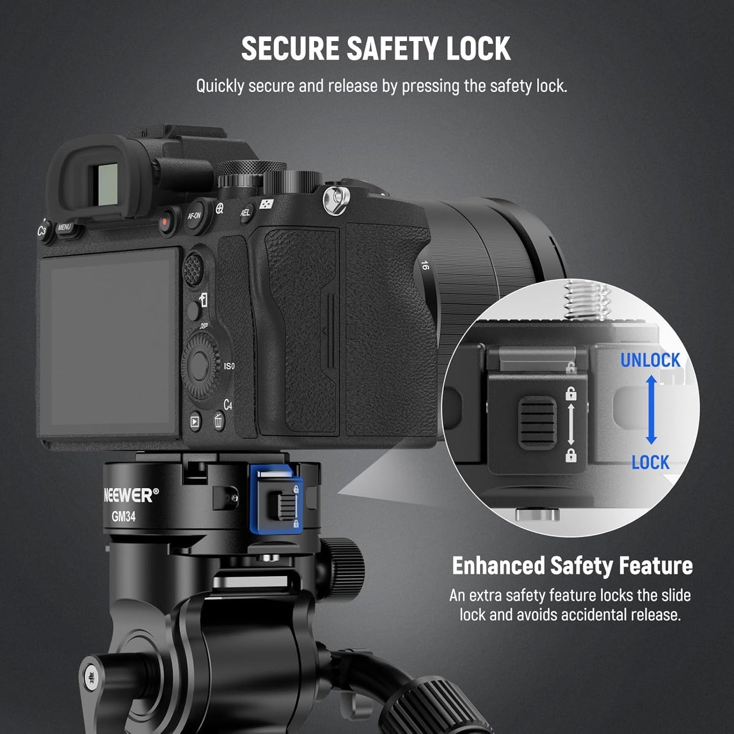 NEEWER GM34 Camera Quick Release Plate Kit, Quick Switch Auto Lock Square QR Mount Plate with Arca Type Clamp Base, Compatible with Arca Swiss Camera