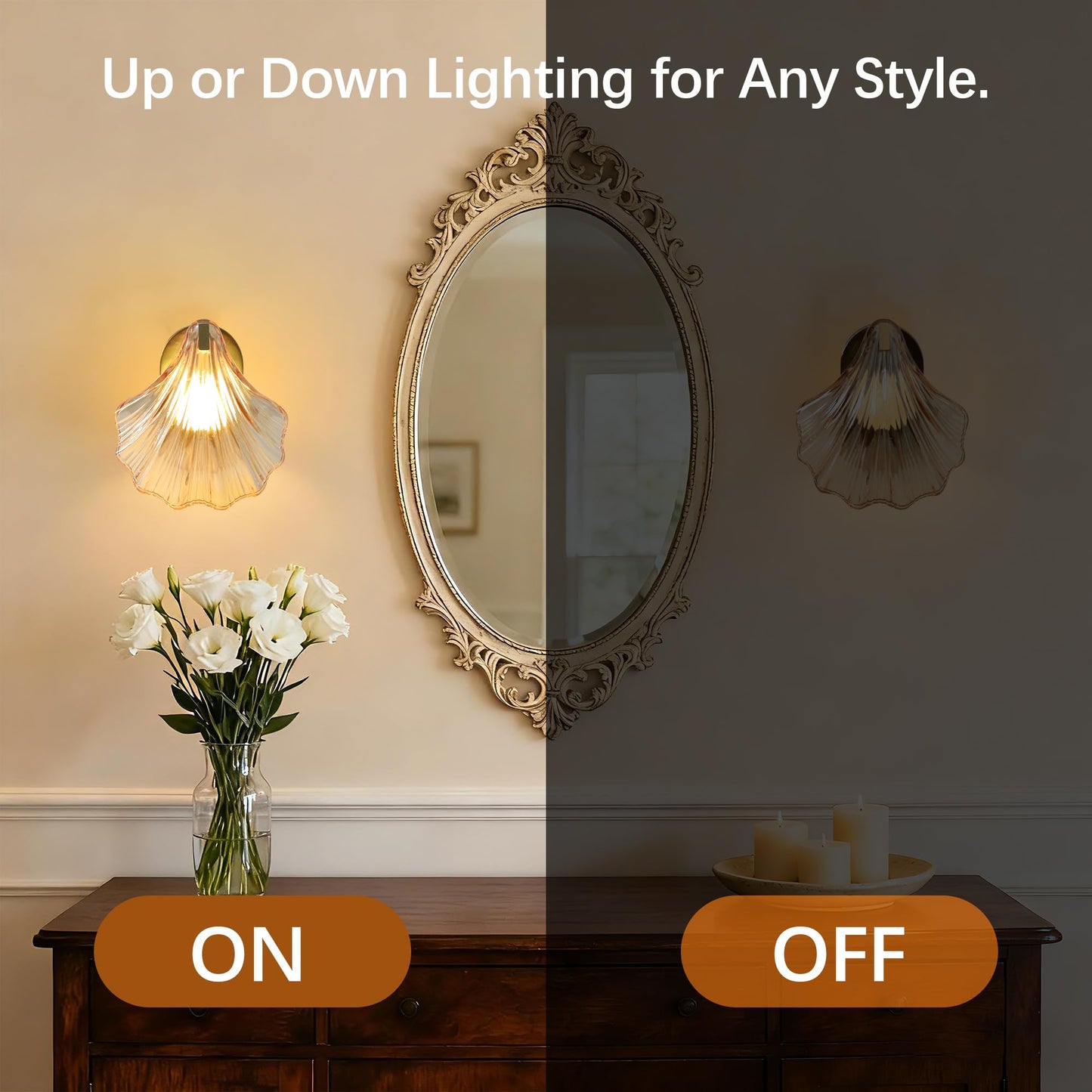 Weyderk Vintage Battery Operated Wall Sconces with Remote, Amber Rechargeable Wireless Wall Sconces with Magnetic LED Bulbs, Indoor Shell Shaped Wall