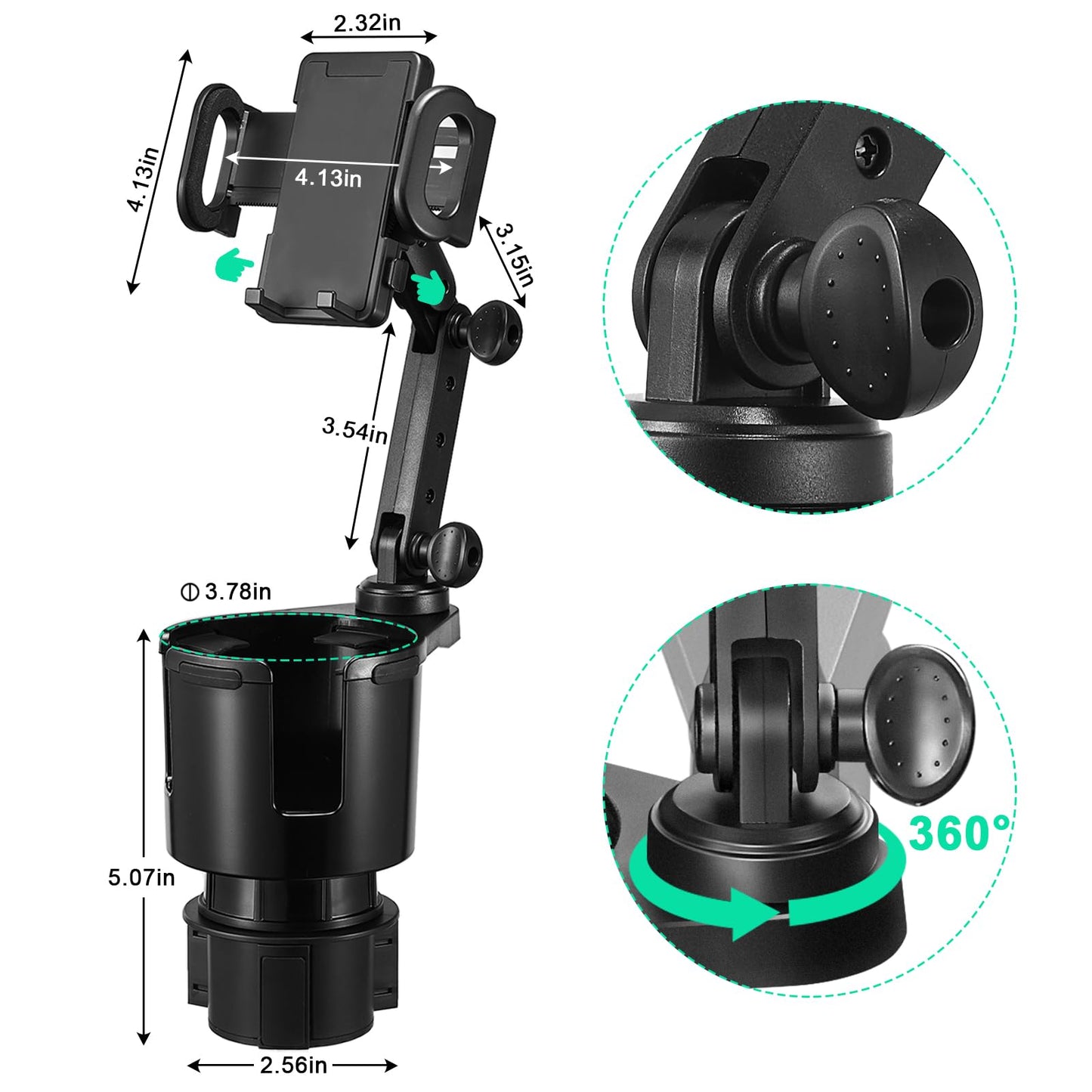 This Hill Car Cup Holder Expander 2-in-1 with Adjustable Base & 360° Rotating Phone Mount, Compatible with iPhone 17 Pro Max and Smartphones up