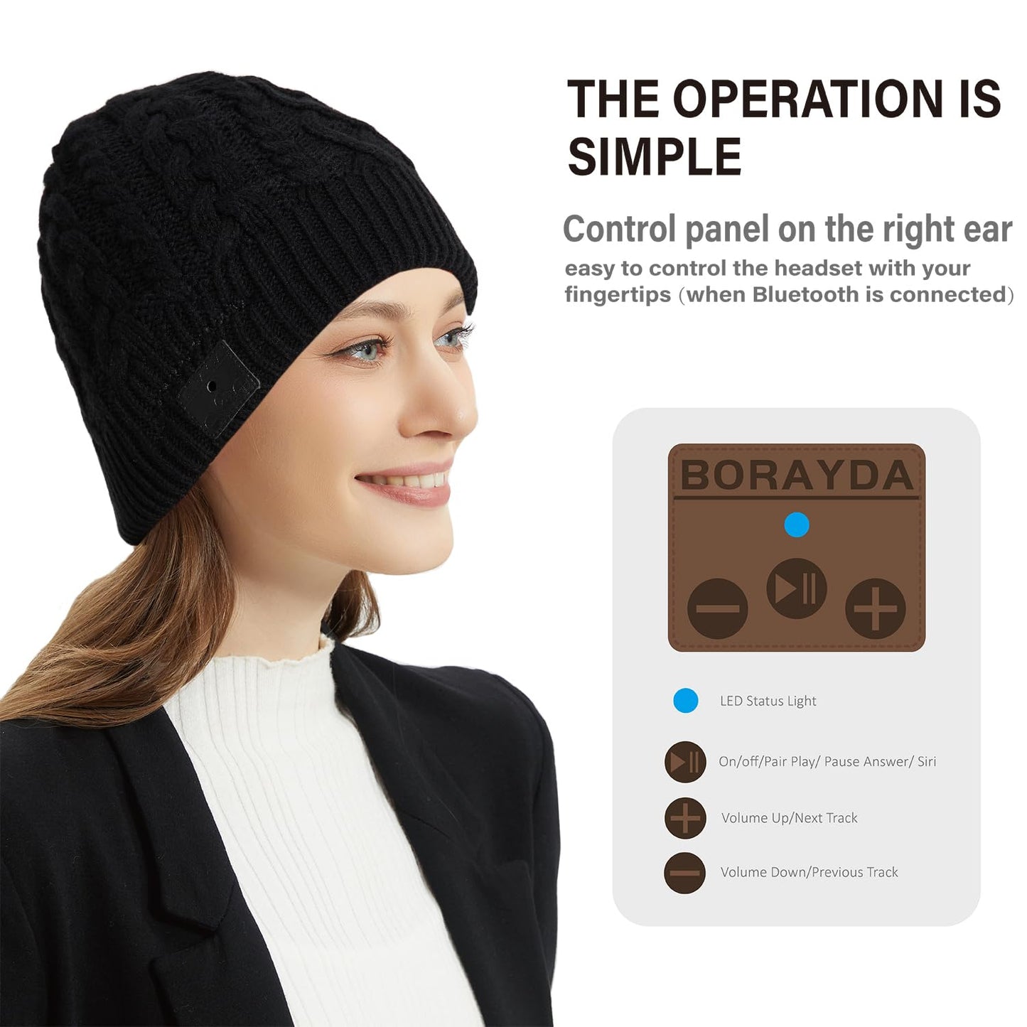 BORAYDA Bluetooth Beanie, Bluetooth 5.2 HD Stereo,30 Hours Play time,Built-in Microphone, Men's/Women's Christmas Electronic Gift (Black)