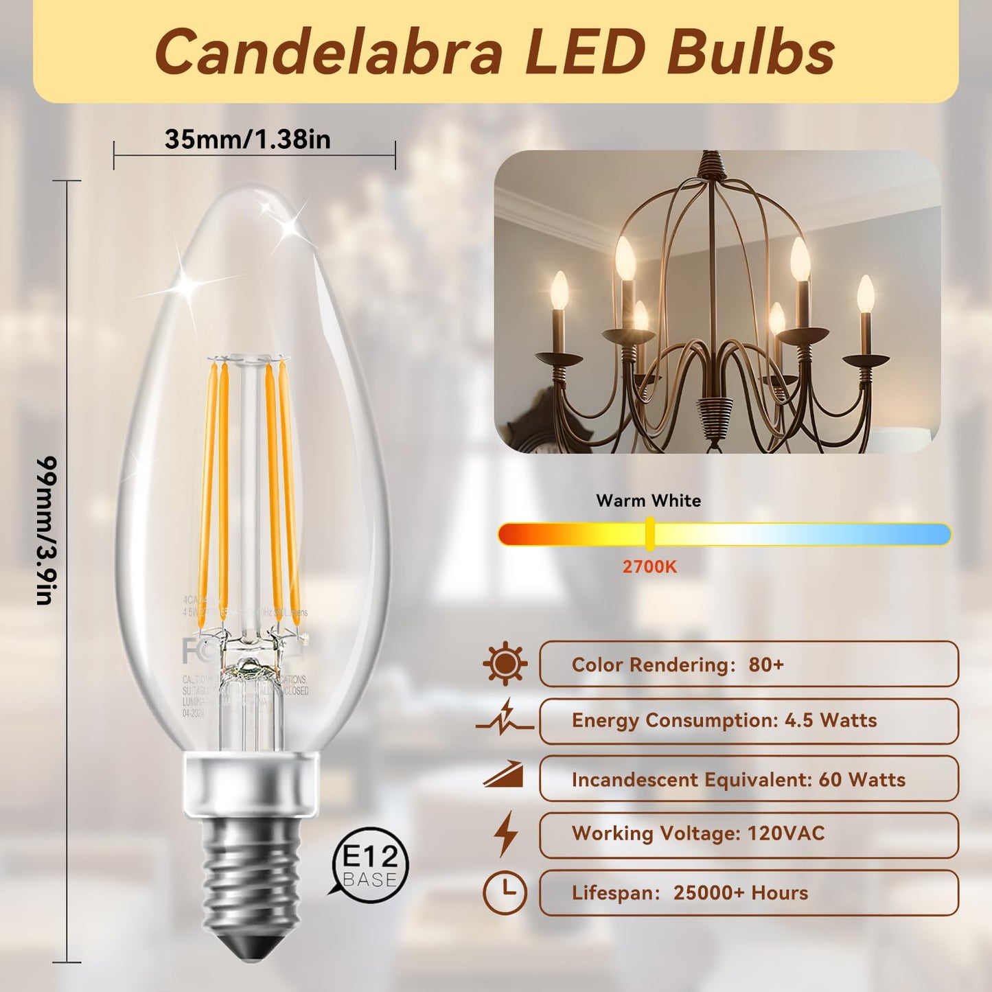 TJOY Candelabra LED Bulbs, E12 60W Equivalent Dimmable for Chandelier Light