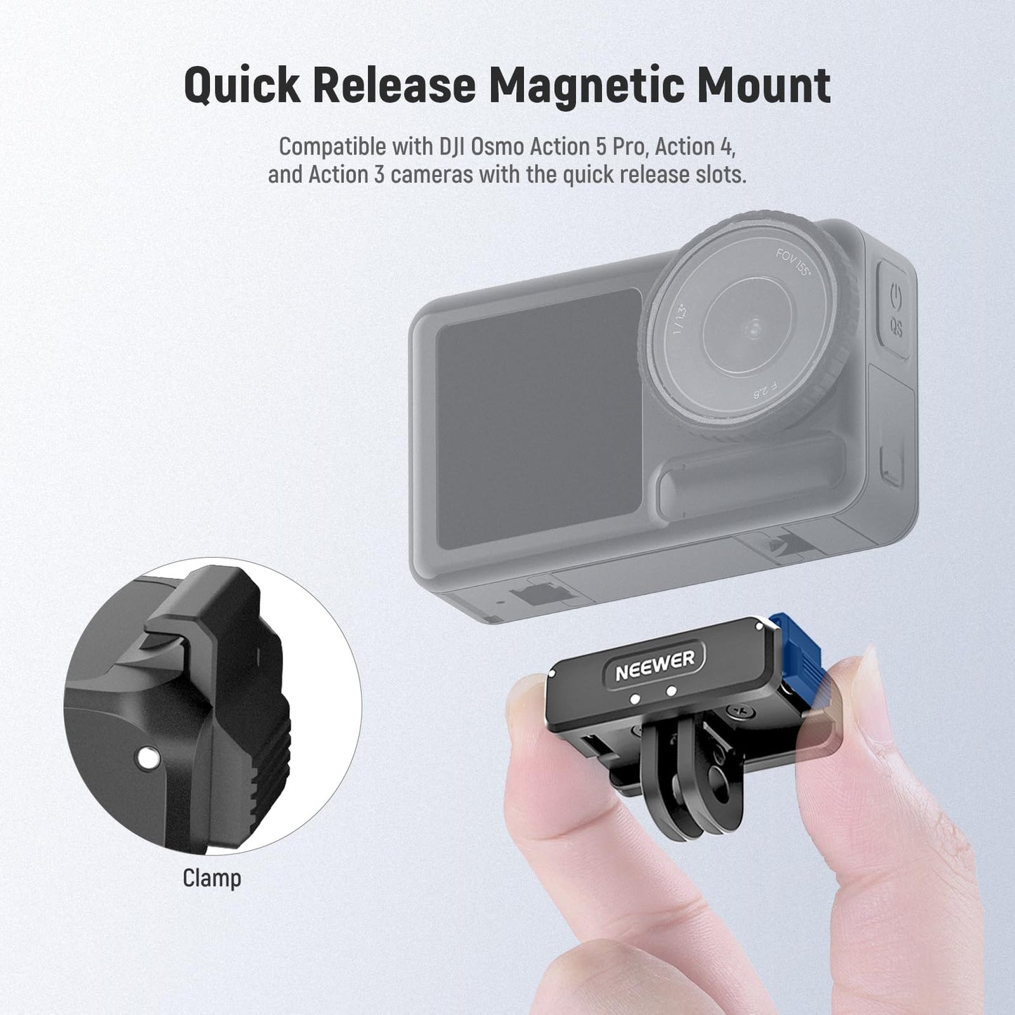 NEEWER Upgraded Quick Release Magnetic Mount Adapter Compatible with DJI Osmo Action 5 Pro/4/3, Action Camera Mount Vlogging Accessories with 1/4"