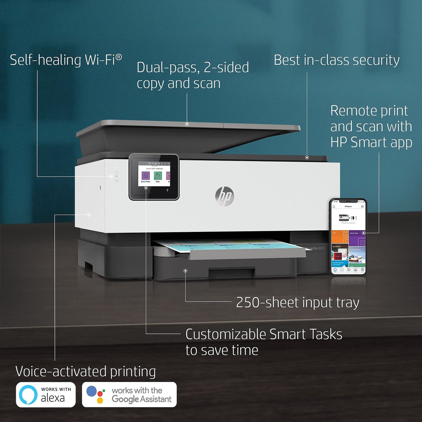 HP OfficeJet Pro 9015 All-in-One Wireless Printer, with Smart Home Office Productivity, Instant Ink, Works with Alexa (1KR42A)