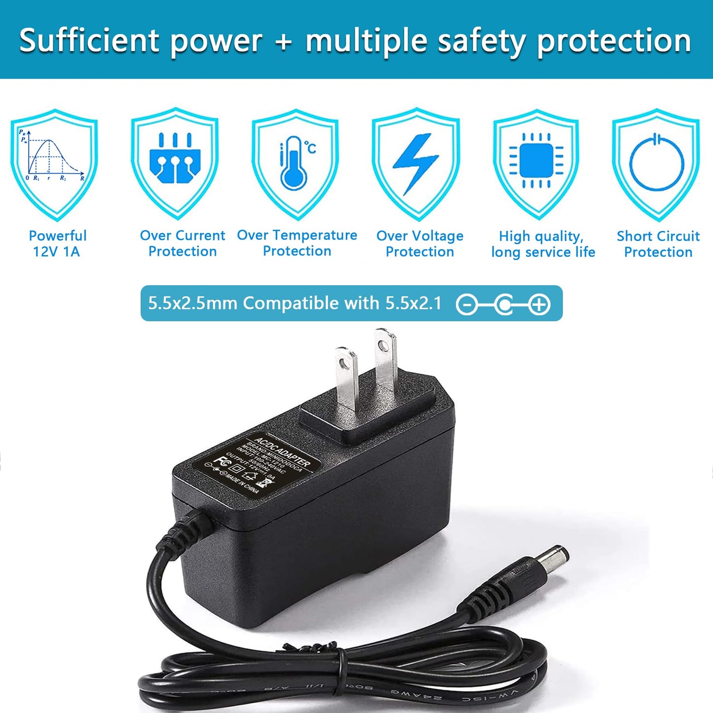 Minidodoca 2 Pack 12V 1A AC/DC Power Supply - 100-240V AC to DC 12V 1A Power Adapter with 5.5x2.5mm & 5.5x2.1mm DC Plug