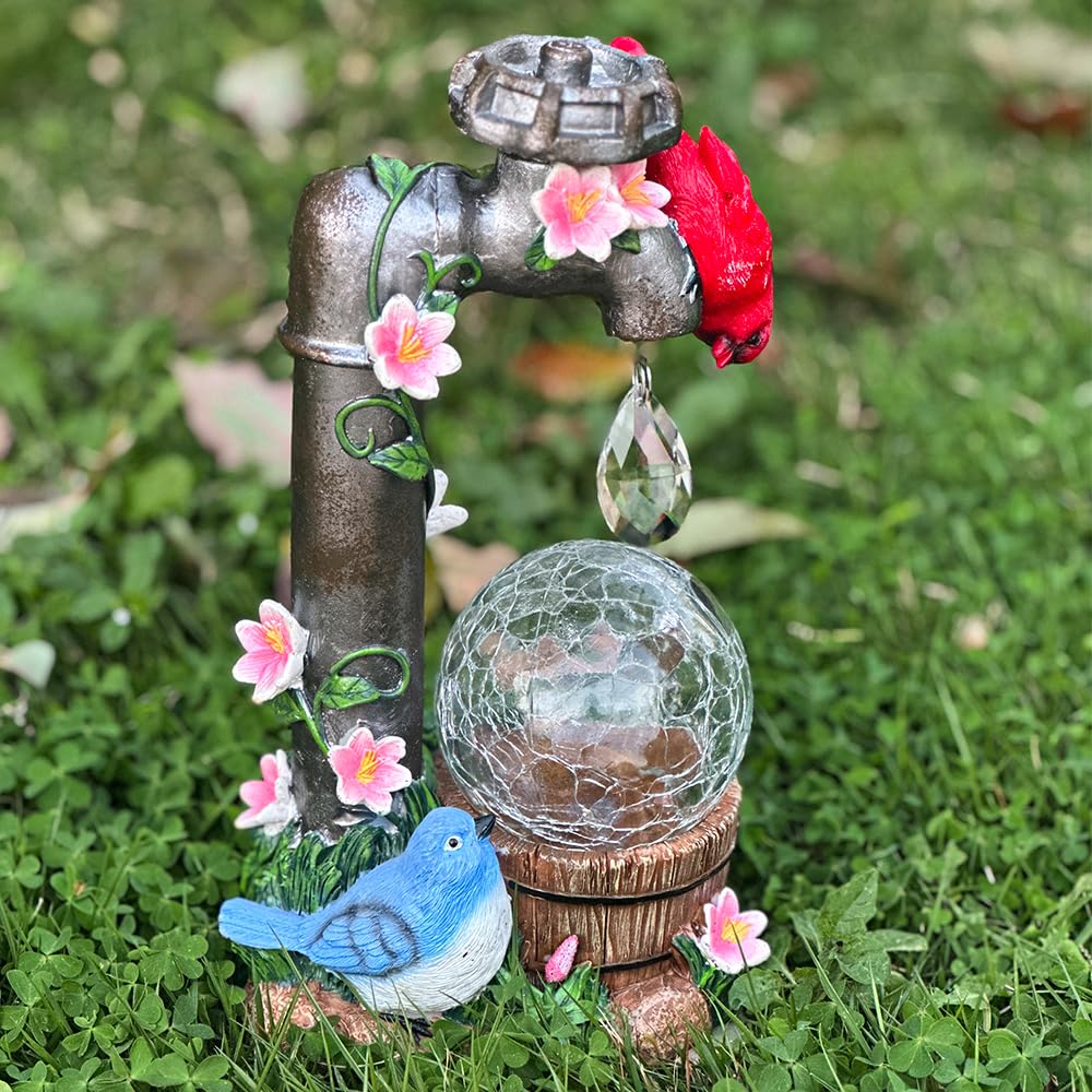 ZYLiWoo Solar Cardinal Garden Statue Decoration, Water Faucet and Solar Light Glass Ball, Outdoor Resin Garden Statue, Cardinal Gift, Women's Mother's