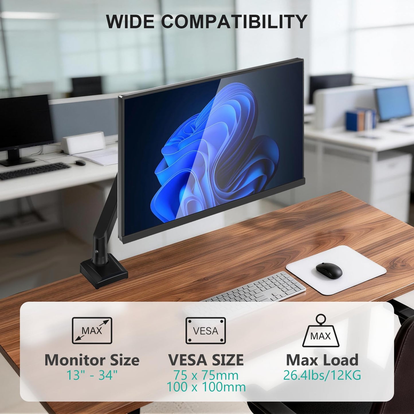 WALI Single Monitor Mount for 13-34 inch Screens, Adjustable Single Monitors Arm, Regular Screen up to 32 inch, 26.4lbs, Computer Monitor Stand