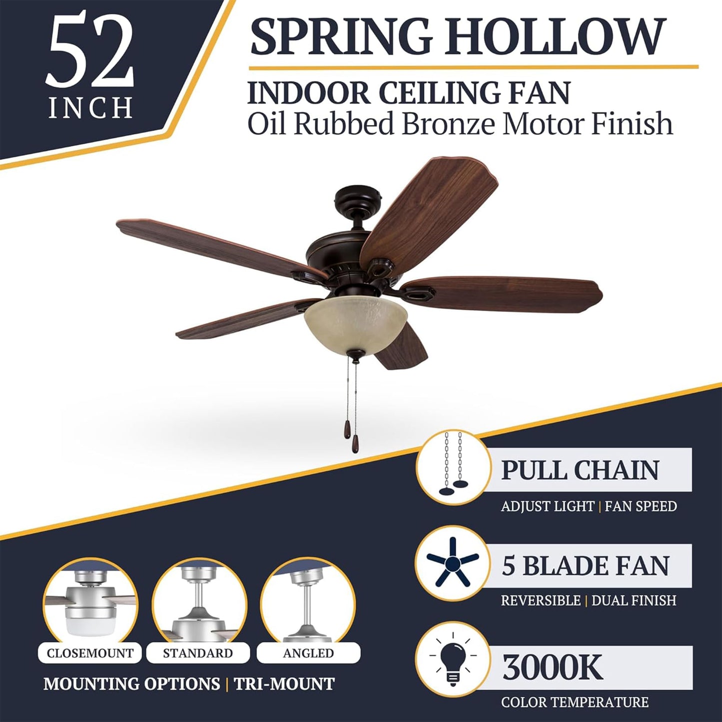 Prominence Home Spring Hollow LED Ceiling Fan with Light, Pull Chain, 3 Mounting Options, 5 Dual Finish Blades and Reversible Motor, 52", Bronze