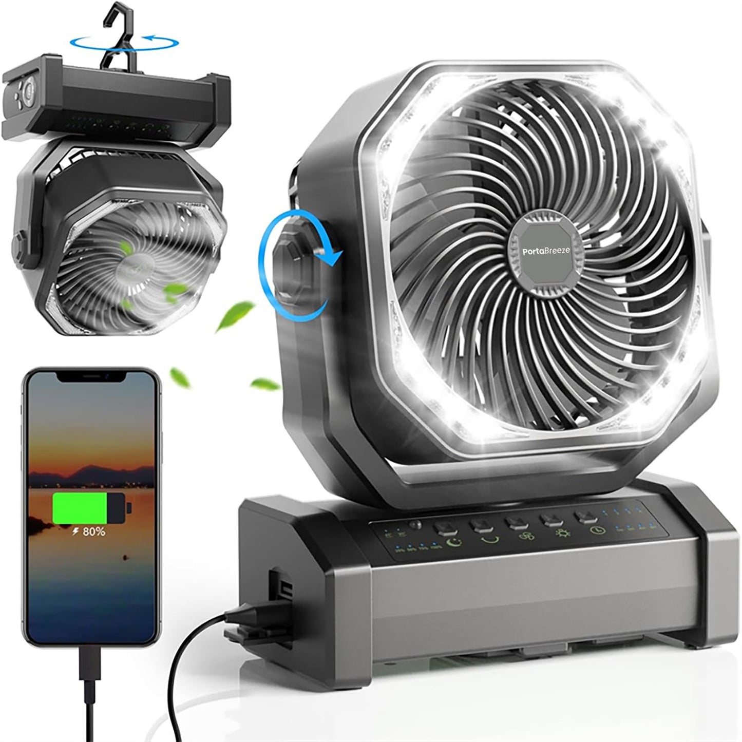 Porta Breeze 20000mAh Rechargeable Camping Fan w Light, Portable Battery Operated High Velocity Floor Table Fan; Oscillating w Timer, Remote
