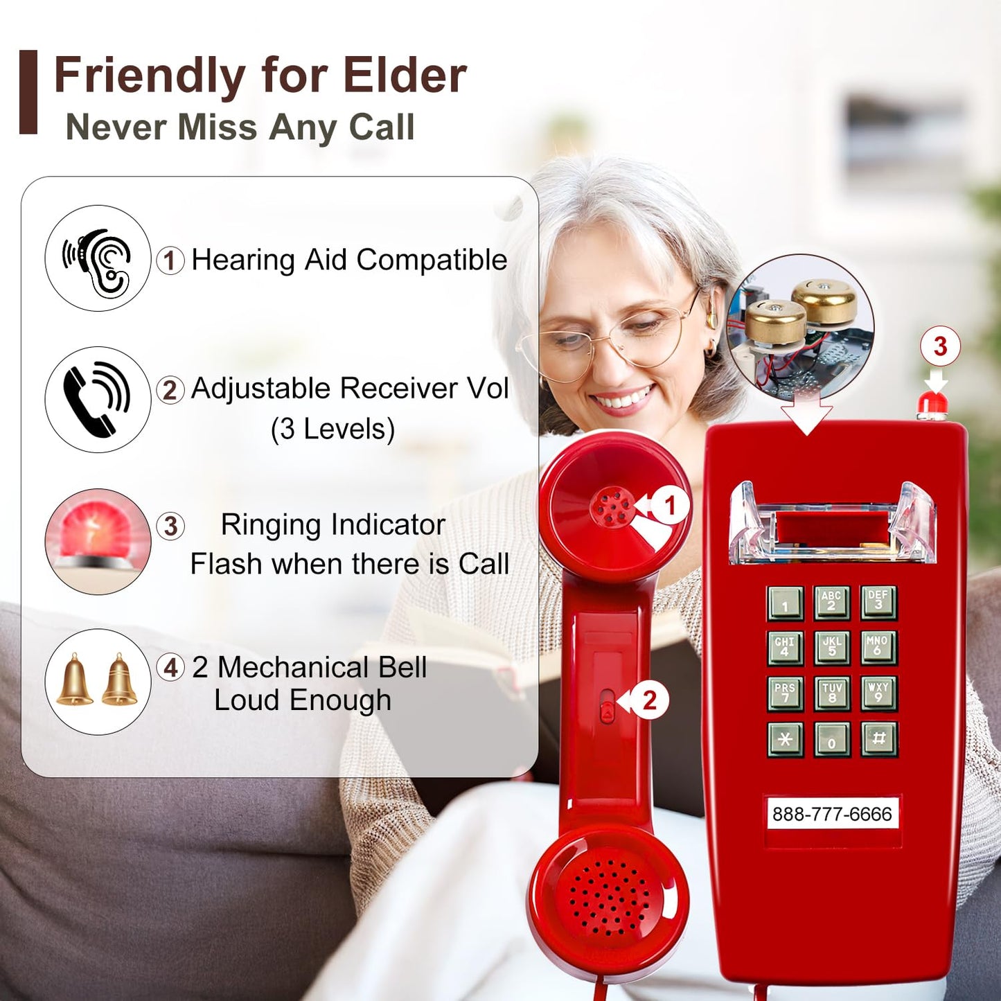 HTMengt Traditional Red Wall Phones for Landline Mechanical Ringing, Classic 2554 Wall Telephone Ringing Indicator, Retro Wall Phone Hearing Aid, Old