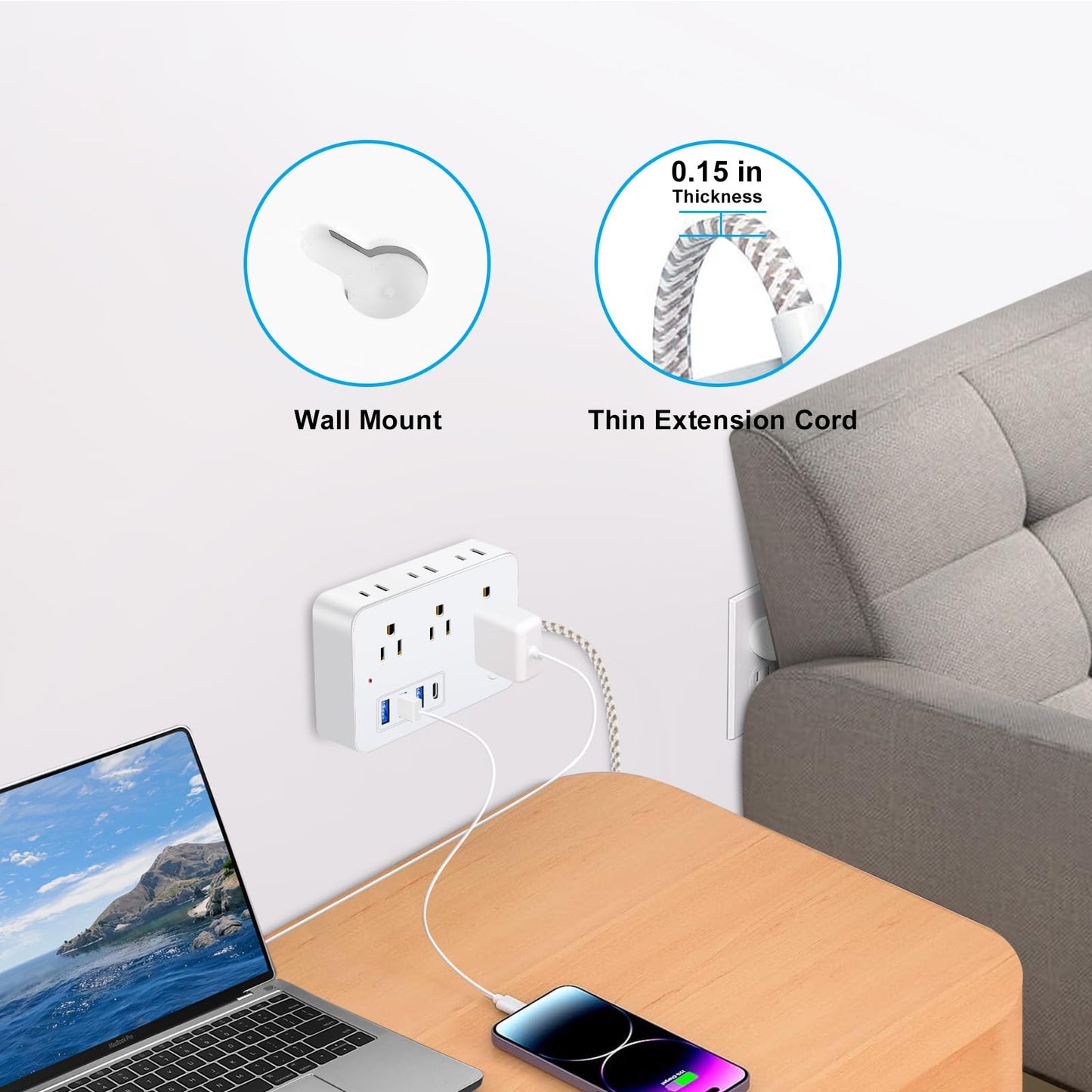 Multi-Device Charging Station, 6-Outlet Surge Protector with 4 USB Ports, Braided Extension Cord, Compact Power Strip for College Dorm Room, Home