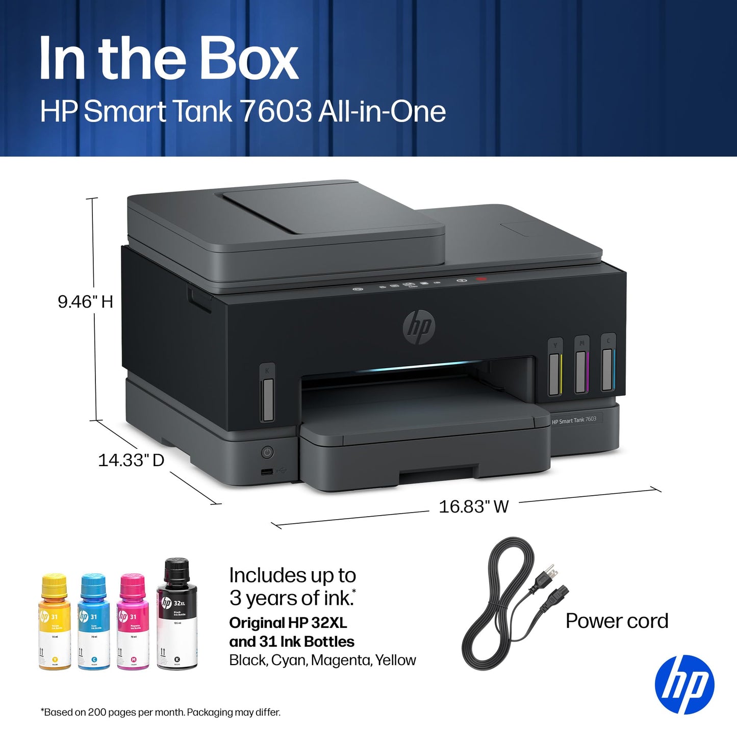 HP Smart Tank 7603 Wireless All-in-One Ink Tank Printer, Scanner, Fax, Copier with up to 3 Years of Ink Included, Best-for-Home Office, Cartridge-Free