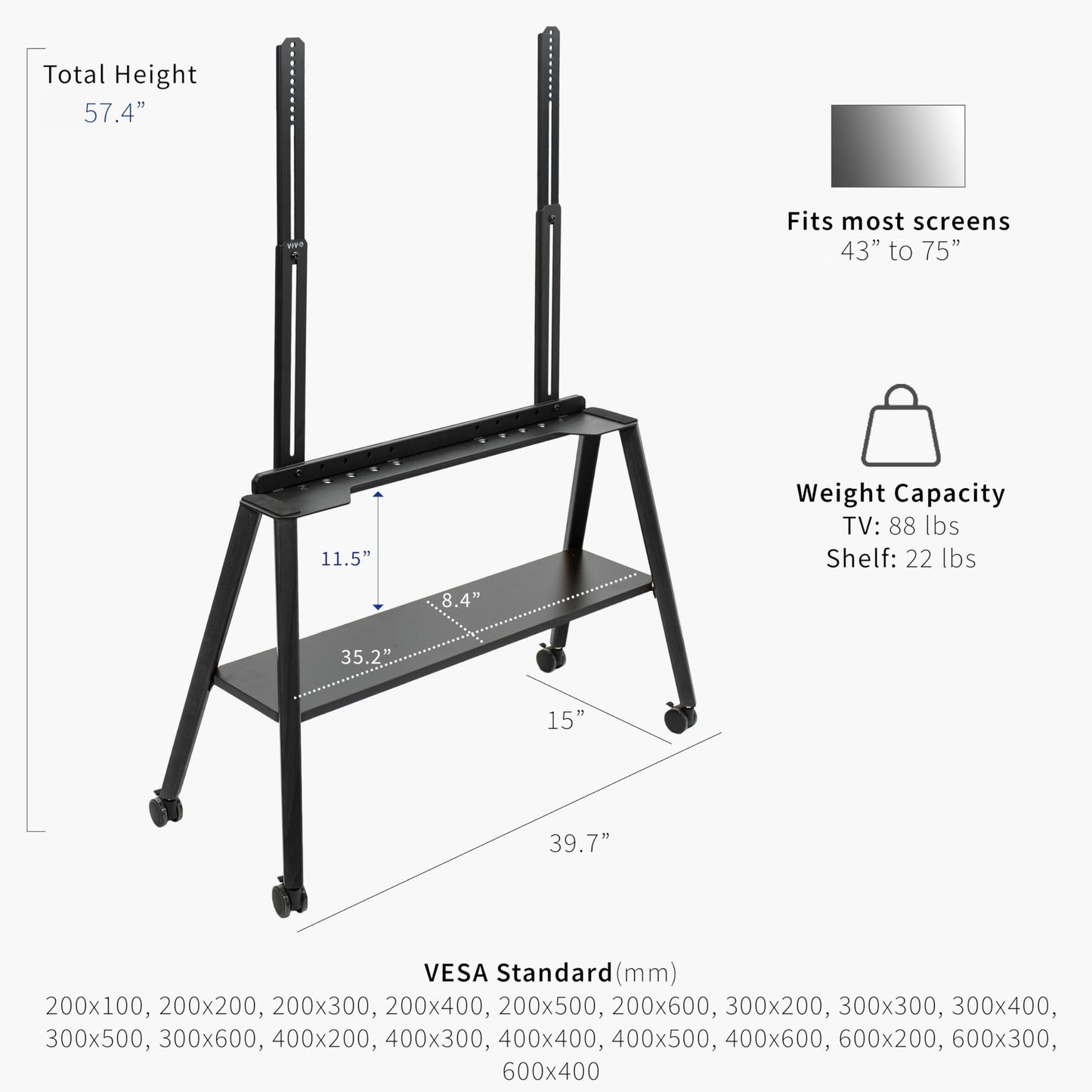 VIVO Rolling Artistic Easel 43 to 75 inch LED LCD Screen Mobile Studio TV Display Stand, Wood Accessory Shelf, Adjustable TV Mount with 4 Legs, Black
