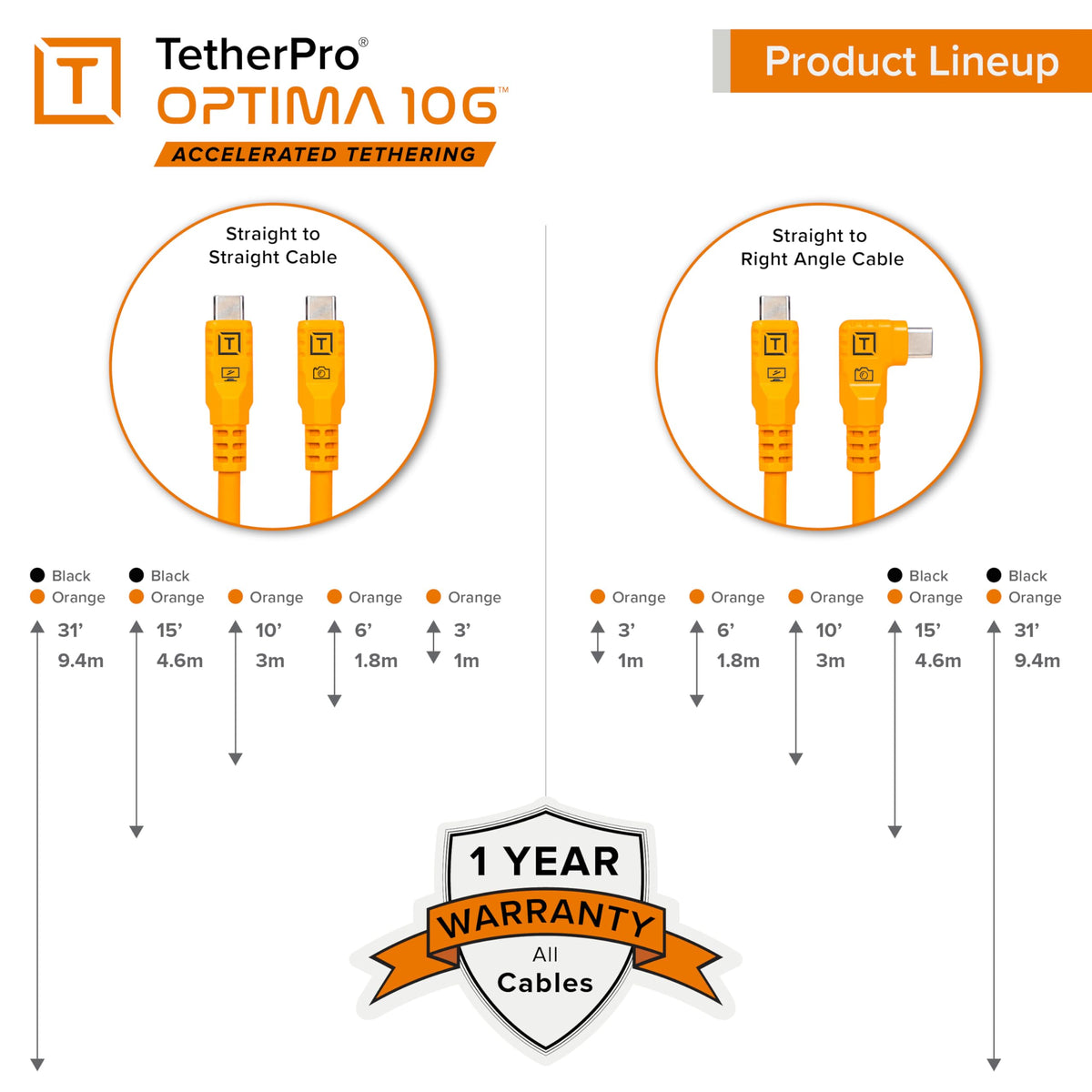 Tether Tools TetherPro Optima 10G USB-C Exclusive Data Transfer, 10’ (3m) Straight to Straight Cable - Orange