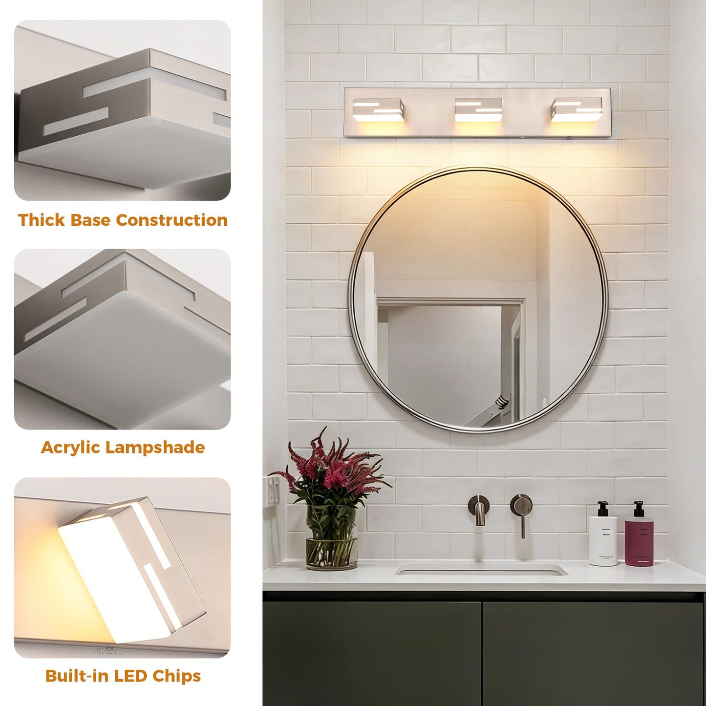MKBNG 3-Light 5CCT Modern Bathroom Vanity Light Fixtures, 24-Inch 350° Rotatable LED Vanity Lights Over Mirror, Dimmable Brushed Nickel Wall Sconce