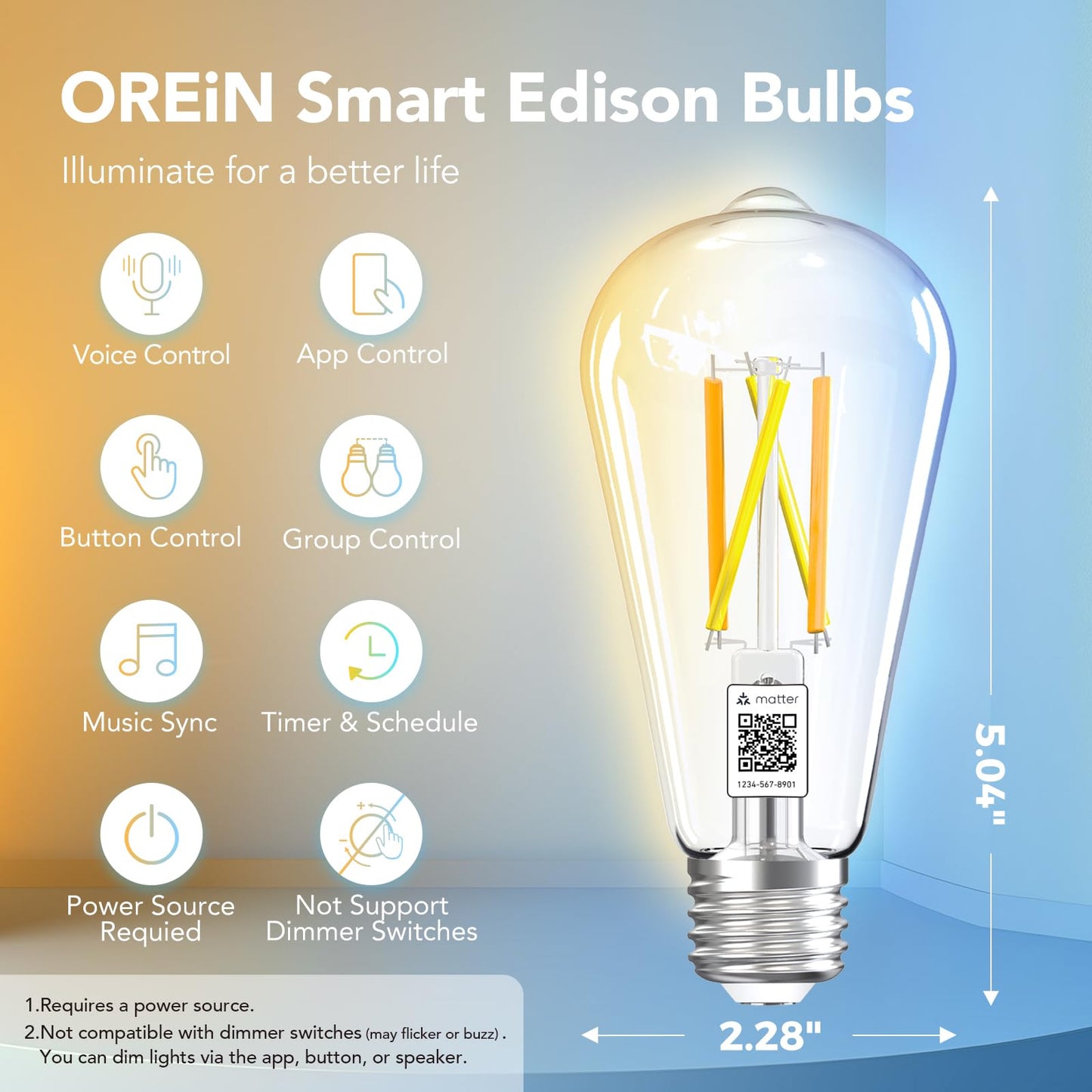 OREiN Matter Smart Edison Bulbs, Works with Alexa/Apple Home/Google