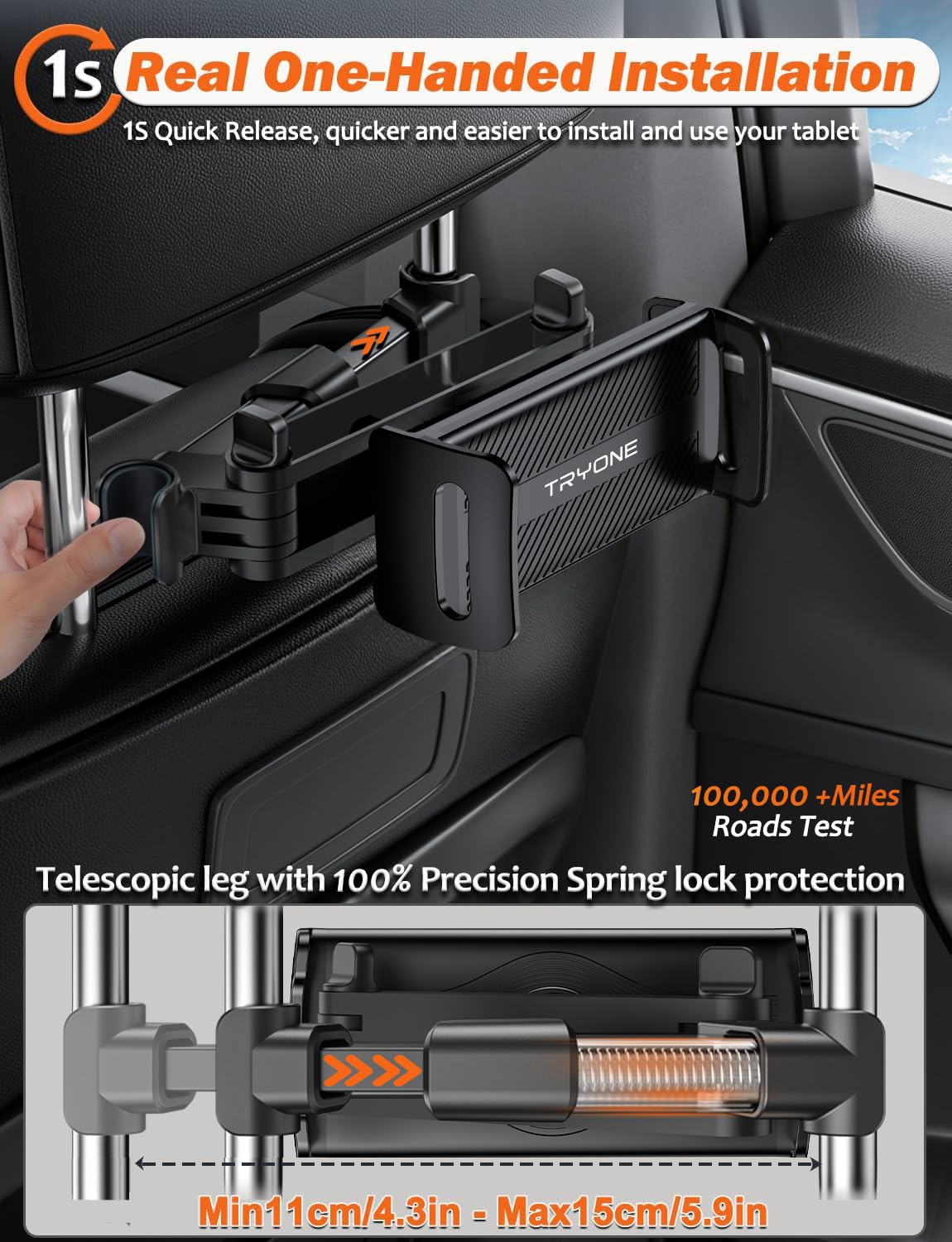 Tryone Car Headrest Tablet Holder Mount Stretchable Backseat Tablets Stand for Kids, Car Seat Mounts Compatible with iPad Pro 12.9 Air Mini, iPhone
