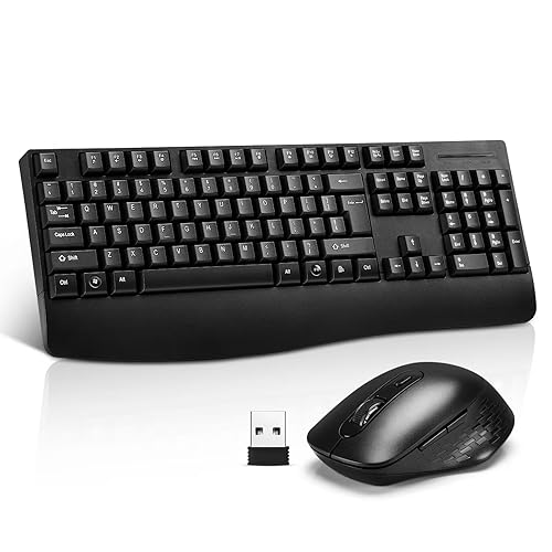 Wireless Computer Keyboard And Mouse Combo with Palm Rest, Large Number Pad, LED Indicators?2.4Ghz Ergonomic, Foldable Stands,Anti-Wear Letters Full