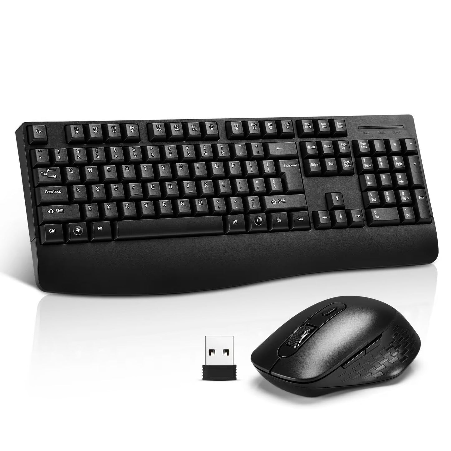 Wireless Computer Keyboard And Mouse Combo with Palm Rest, Large Number Pad, LED Indicators?2.4Ghz Ergonomic, Foldable Stands,Anti-Wear Letters Full
