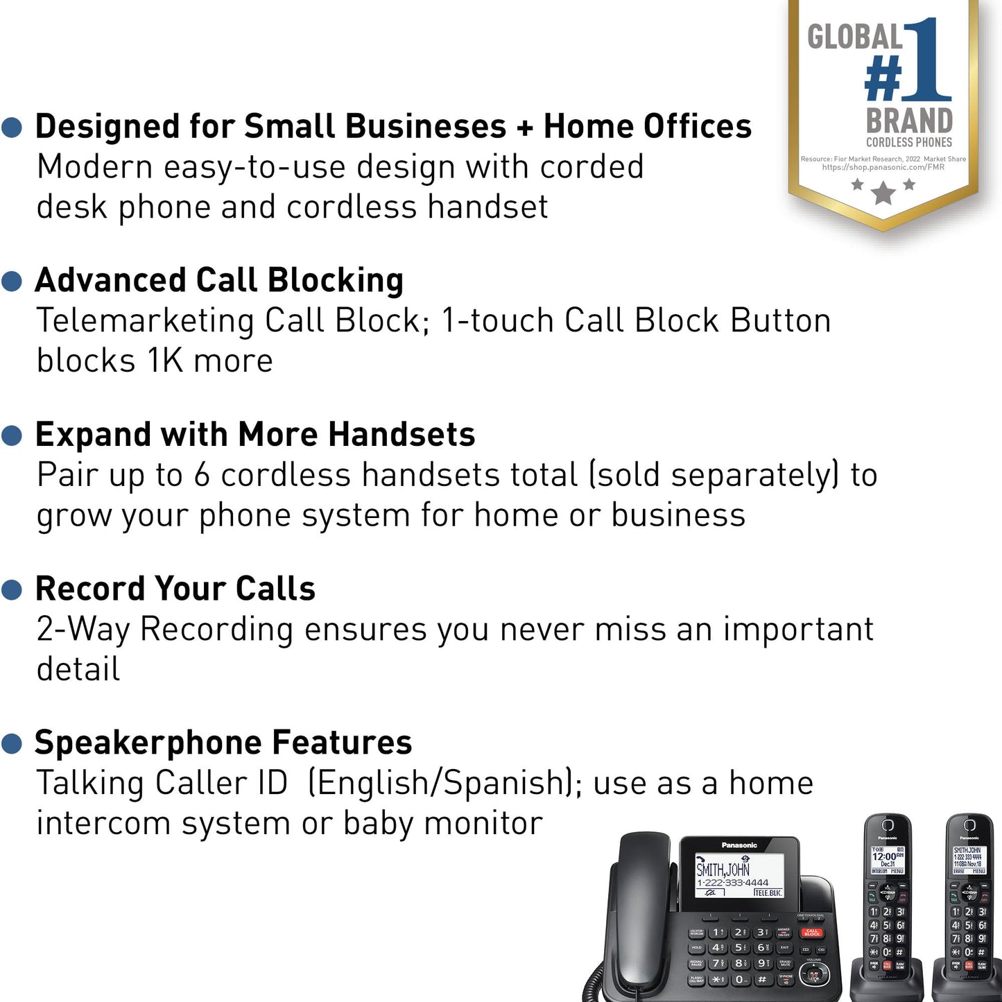 Panasonic Corded Phone/Cordless Phone with Answering Machine, Advanced Call Block and 2-Way Recording, 2 Handsets Expandable up to 6 Cordless Handsets