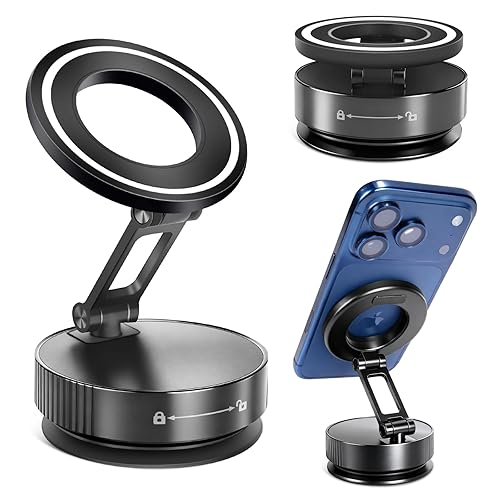 LMADFLY Car Phone Holder Mount, 118LBS Strongest Suction Cup & 2800gf Magnet, 360° Adjustable Vacuum Magnetic Dashboard Stand for iPhone 16 15 14 13