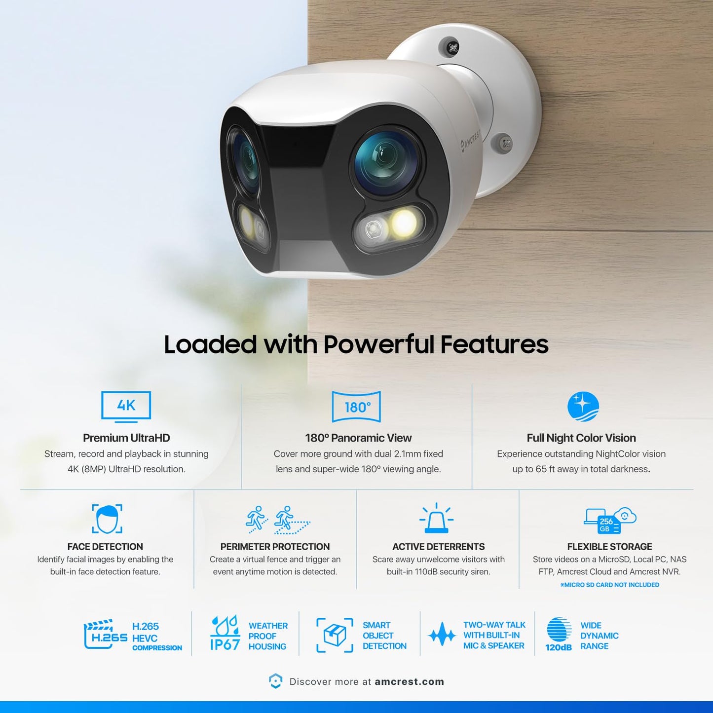 Amcrest Dual-Lens 4K (8MP) Outdoor Security POE Camera, 2 x 4MP Lenses PoE AI Bullet IP Camera, 65ft Night Color, Face Detection, Panoramic 180° FOV