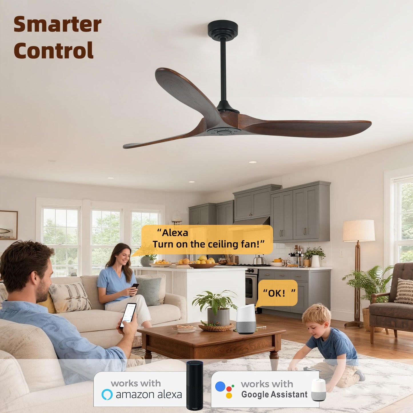 Homlit Outdoor Ceiling Fan Without Light, 60 Inch Smart Ceiling Fan with Remote & Voice Control for Alexa/Google, 3-Blade Wood Fan, Quiet DC Motor, 6