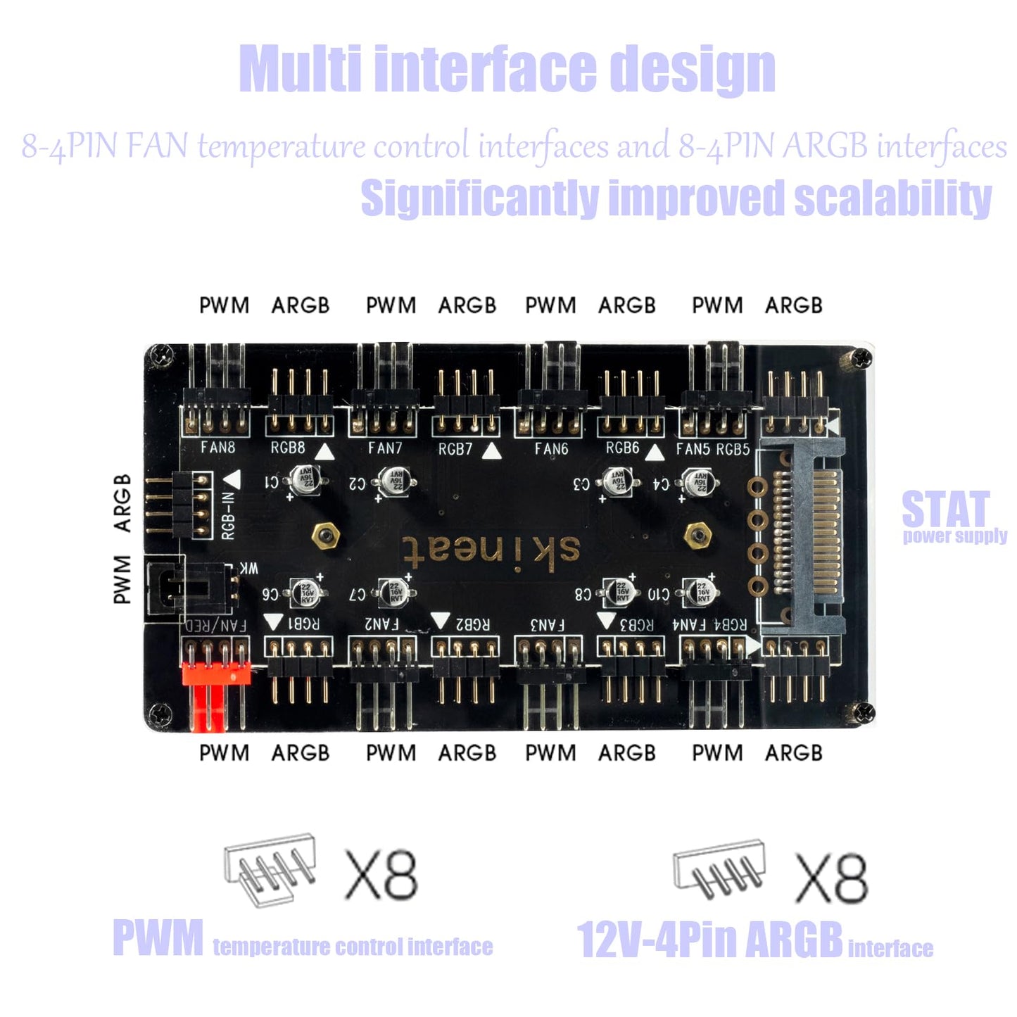 ARGB and PWM hub12V 4Pin PWM & 5V 3Pin ARGB with SATA Power 2-in-1 Hub 8 Way Sync CPU Cooling Chassis Fan Hub Addressable RGB Lighting for Extended
