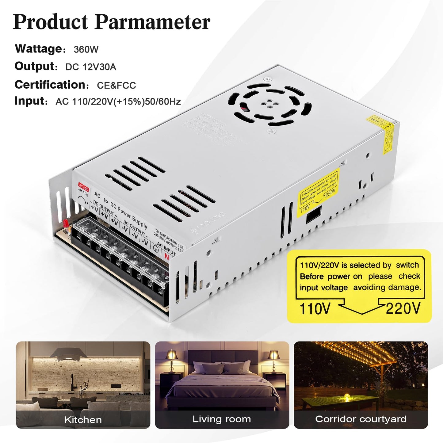 Taormey 12V 30A 360W Switching Power Supply, AC 110V/220V to DC 12V 30A Converter Universal Regulated Transformer Driver Adapter for LED Strips, CCTV…