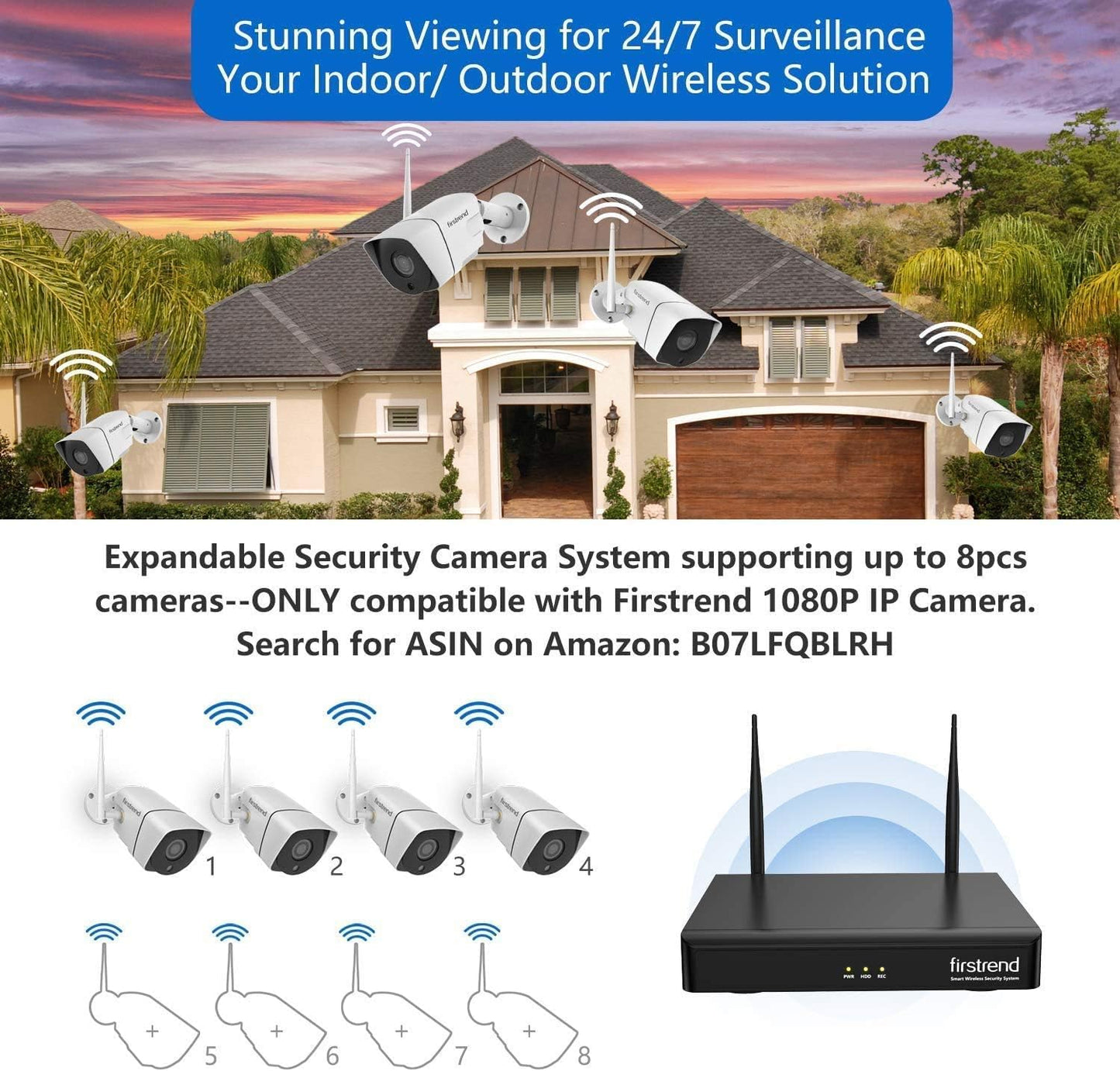 Wireless Security Camera System, Firstrend 8CH 1080P Wireless NVR System with 4 pcs 1.3MP IP Security Camera with 65 ft Night Vision and Easy Remote