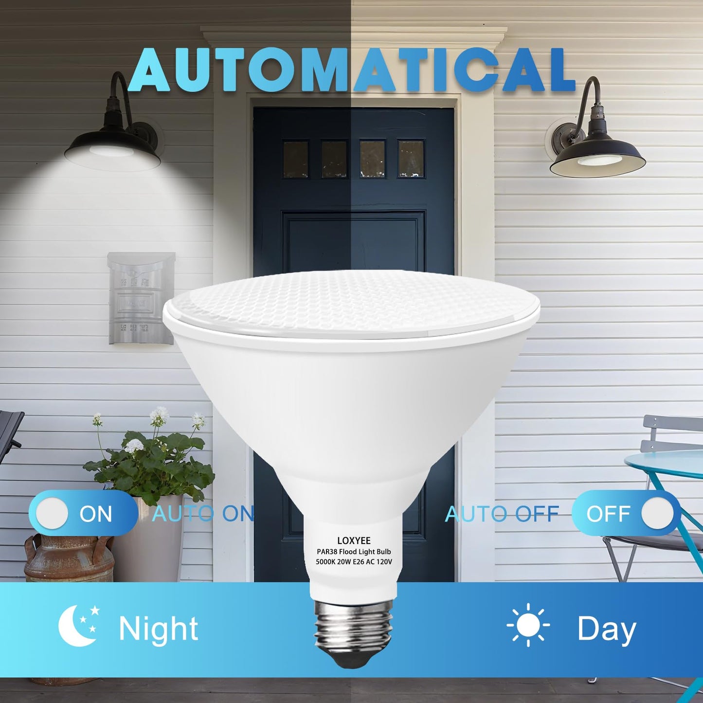 LOXYEE 2 Pack LED PAR38 Dusk to Dawn Flood Light Bulbs Outdoor ?20W(200W Equivalent) E26 Base Flood Light Bulbs,5000K Daylight 1800 Lumens LED Flood