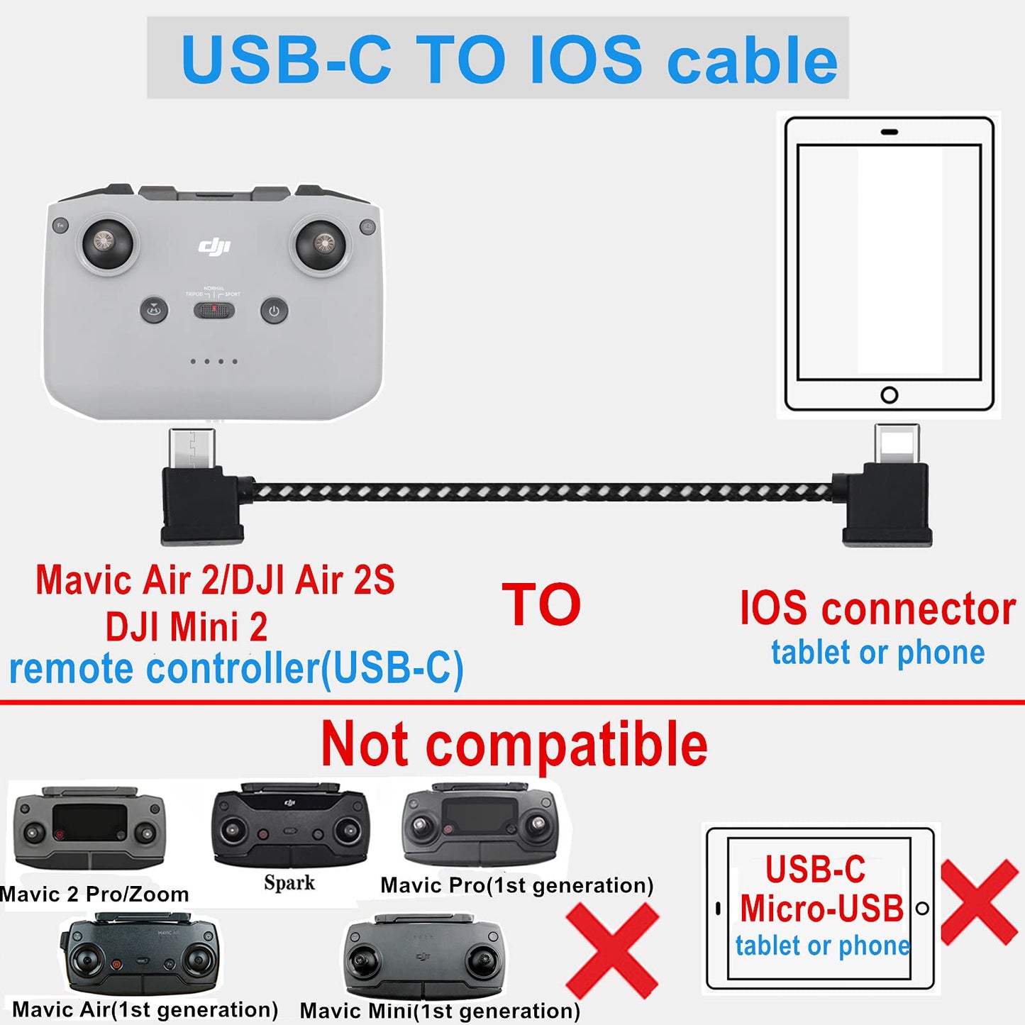 Hanatora 11.8 Inch USB C to iOS RC-N3/N2/N1/N1C Remote Controller Cable for DJI Mavic 3,Air 3S/3/2/2S,Neo,Mini 4K/2/2 SE/3 Pro,Nylon 1FT OTG Tablet
