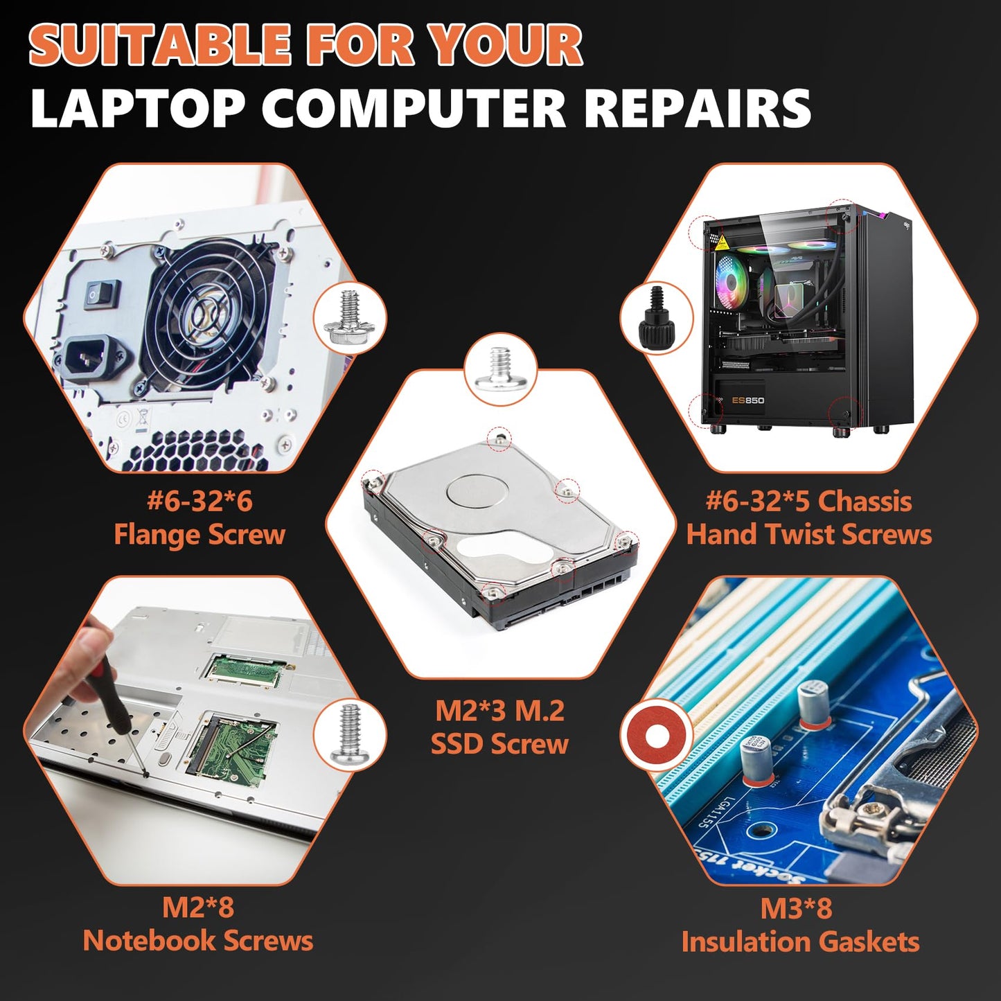 Kalote 167PCS Computer Screw Kit, Carbon Steel Nickel-Plated Laptop PC Screws Assortment with M.2 SSD Screws, Motherboard Standoffs, HDD Case Fan