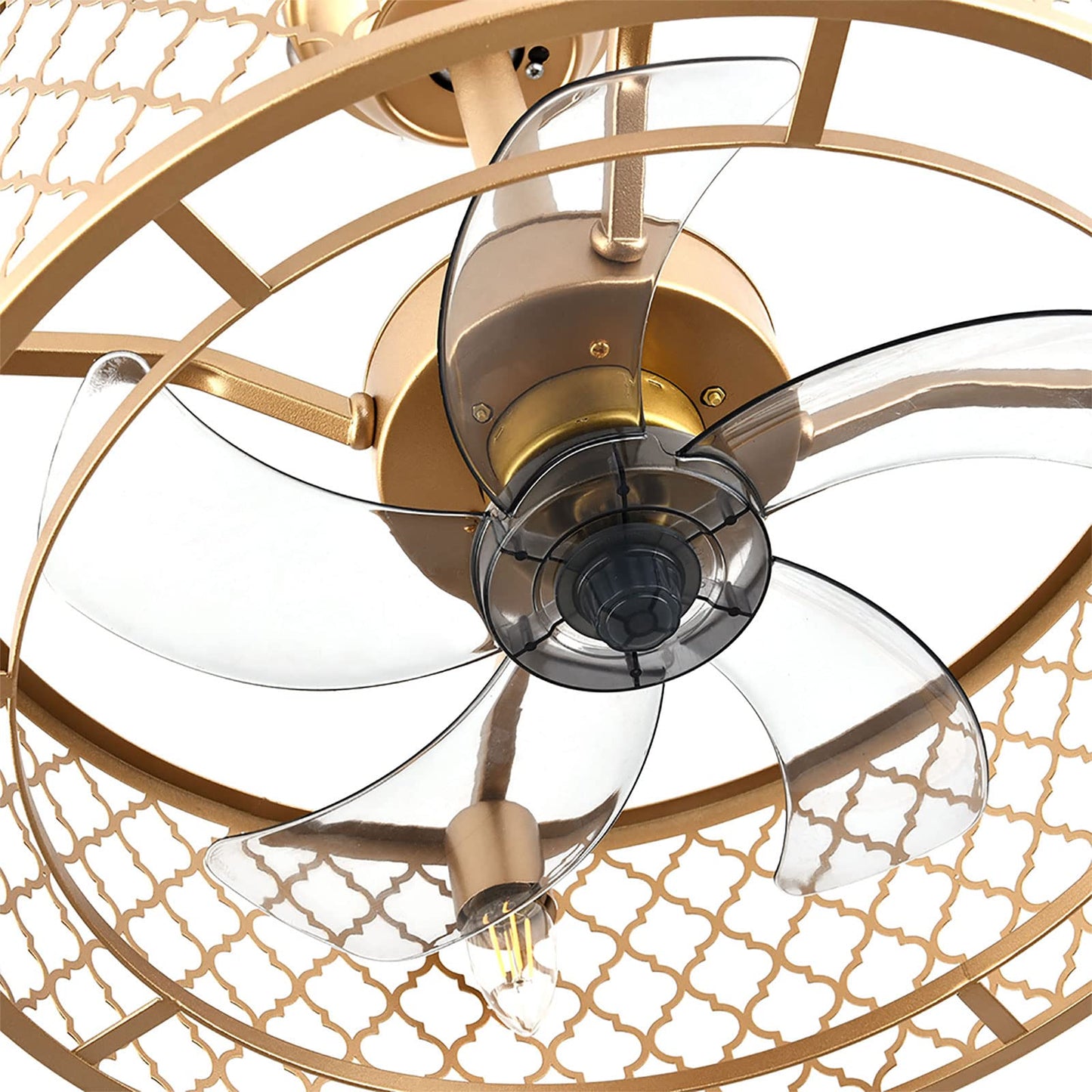 20inch Industrial Ceiling Fan with Lights Enclosed Ceiling Fan Indoor w/ Remote, Gold Caged Retro Ceiling Fan Metal Bladeless Chandelier Fan Lighting