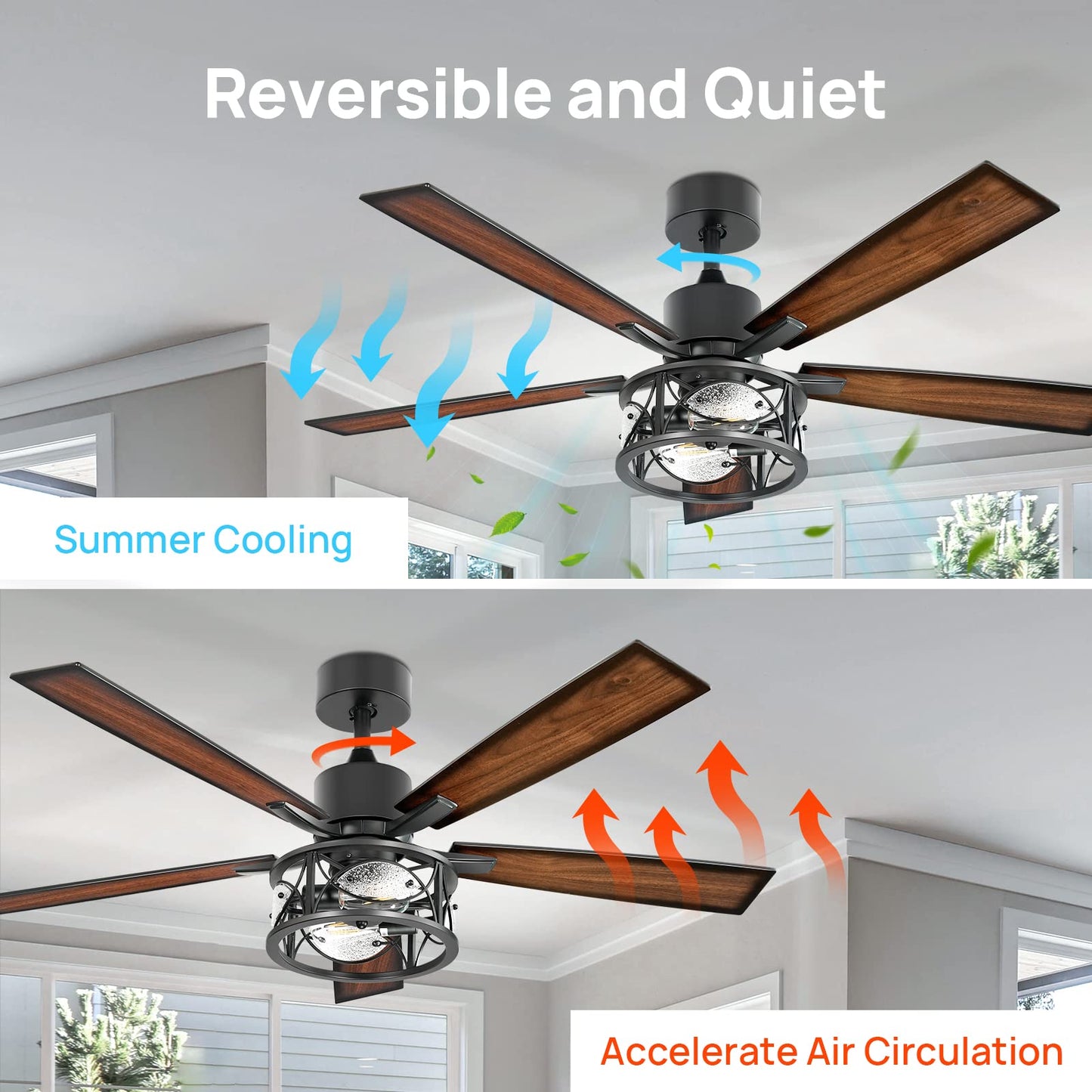 Consciot Ceiling Fan With Lights, 52 Inch Farmhouse Indoor Ceiling Fan With Remote, Quiet Reversible DC Motor, 5 Double Finish Wood Blades, Easy Dual