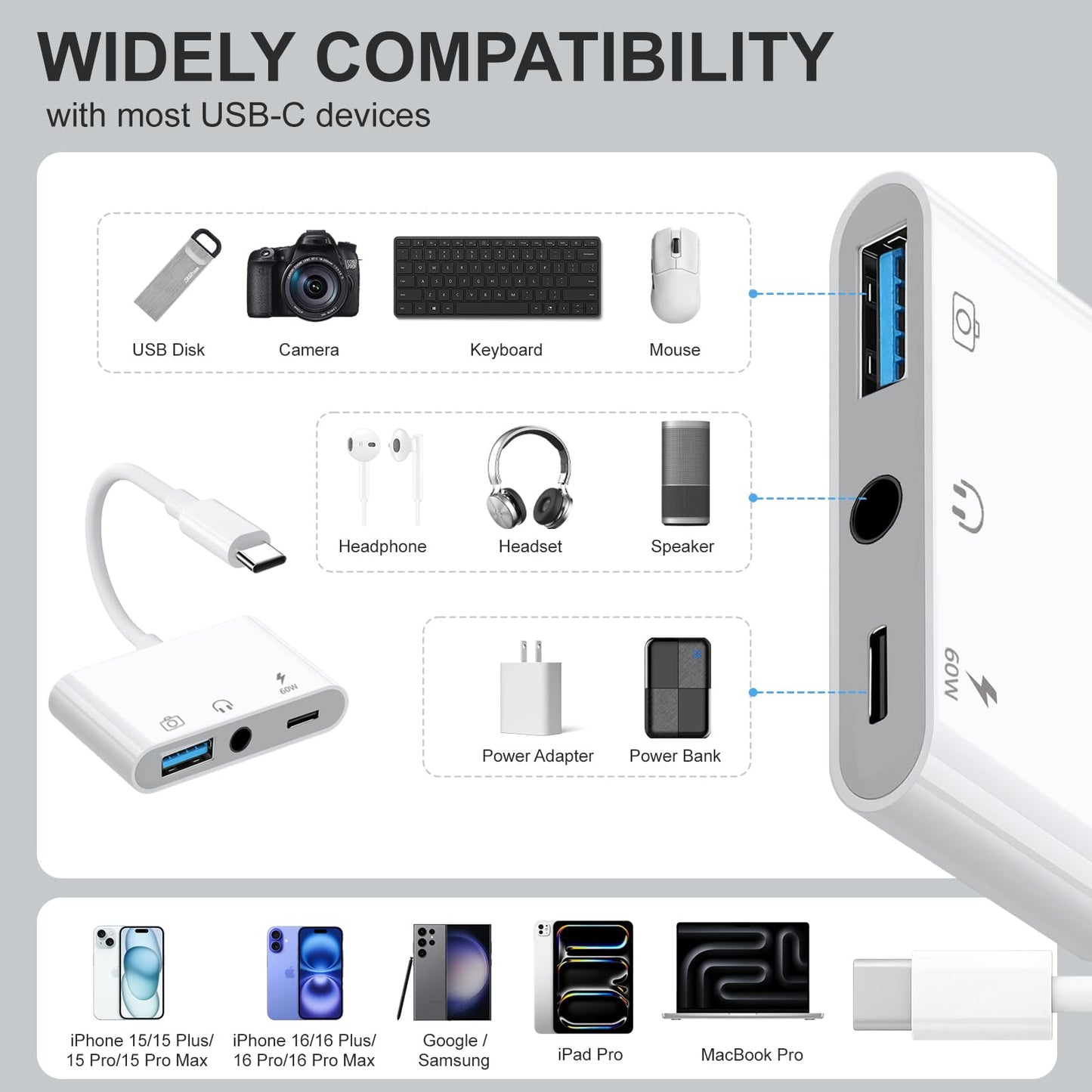 MTIQHS Aux to USB C to USB Adapter, 3-in-1 USB OTG Adapter with USB C to 3.5mm Audio Adapter and 60W PD Fast Charging Port, Compatible