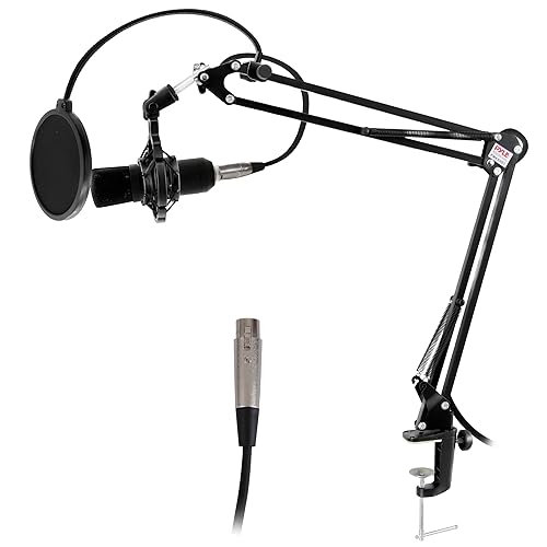 Pyle Suspension Boom Mic Stand with Shock Mount - Adjustable Desktop Mic Stand Boom Arm with Clamp, XLR Cable, Mic Clips - Heavy-Duty Microphone Stand