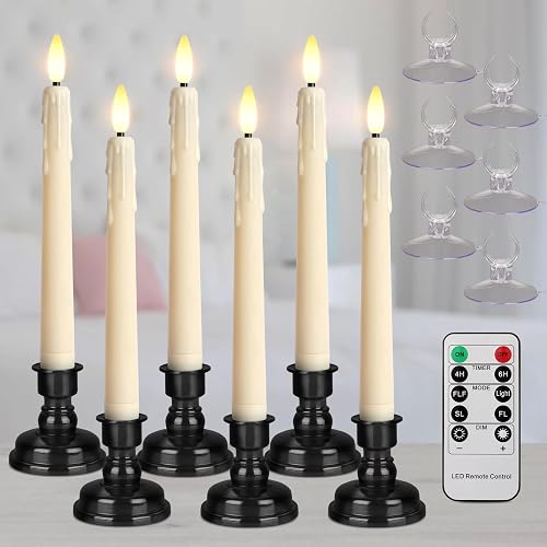 yunsheng Battery Operated LED Window Candles with Remote Timer, 8 Inches Ivory Flameless Taper Flickering Candles, Removable Black Candlesticks