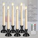 yunsheng Battery Operated LED Window Candles with Remote Timer, 8 Inches Ivory Flameless Taper Flickering Candles, Removable Black Candlesticks