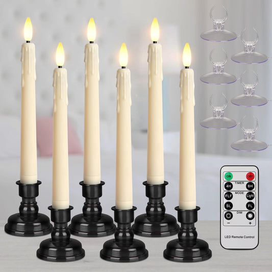 yunsheng Battery Operated LED Window Candles with Remote Timer, 8 Inches Ivory Flameless Taper Flickering Candles, Removable Black Candlesticks