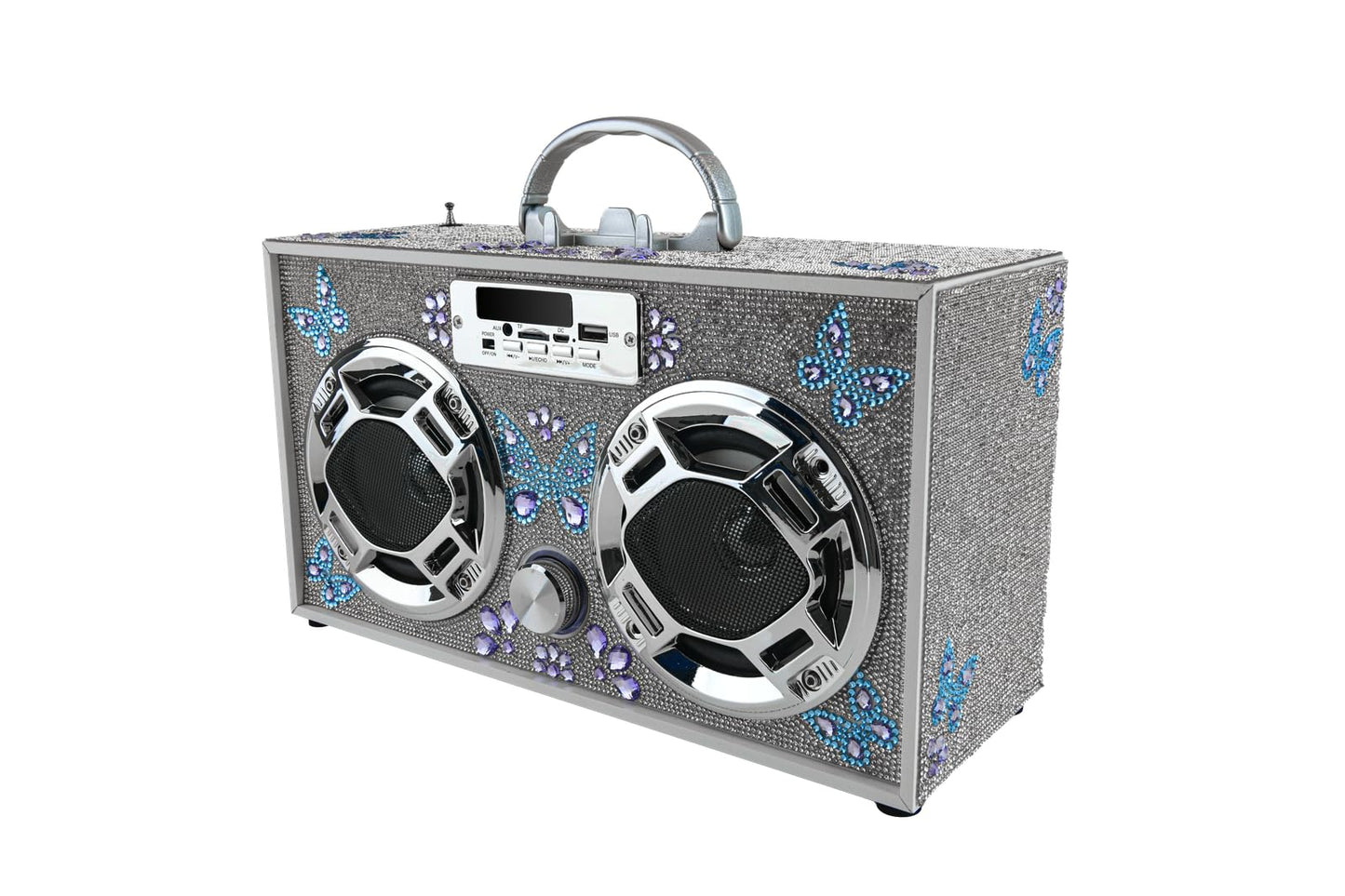 Wireless Express - Portable Party Speaker: Retro Boombox with Bluetooth, LED Light Show, Enhanced FM Radio, Rechargeable Battery (Butterfly Silver