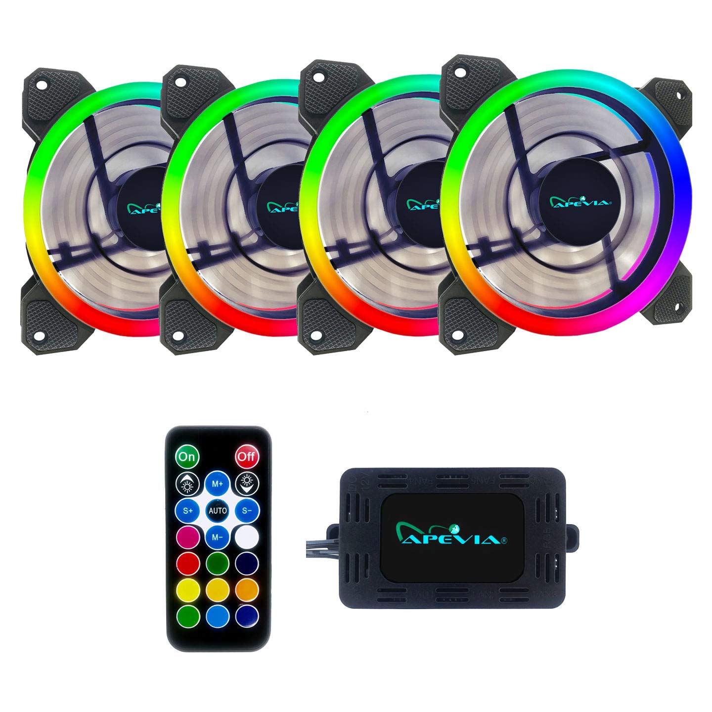 Apevia ST4-RGB Spectra 120mm Silent Dual Ring RGB Color Changing LED Fan for Gaming with Remote Control, 16x LEDs & 8X Anti-Vibration Rubber Pads