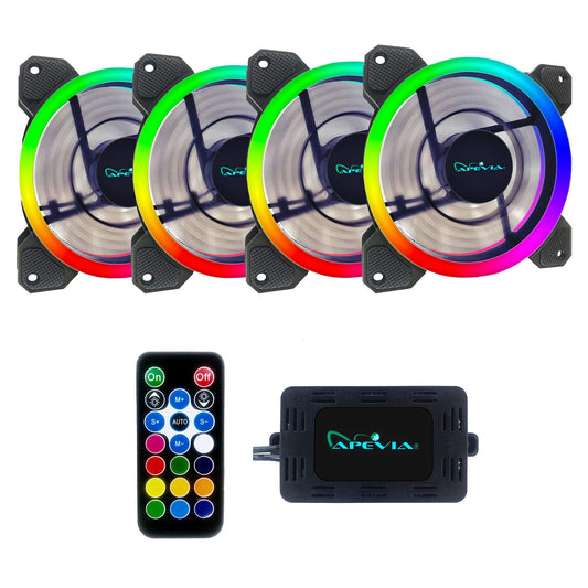 Apevia ST4-RGB Spectra 120mm Silent Dual Ring RGB Color Changing LED Fan for Gaming with Remote Control, 16x LEDs & 8X Anti-Vibration Rubber Pads