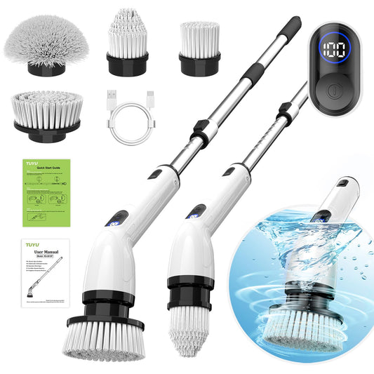 TUYU Electric Spin Scrubber, IPX7 Waterproof with LCD Display & Adjustable Handle, Cordless Bathroom, Bathtub, Kitchen & Wall Cleaner Brush