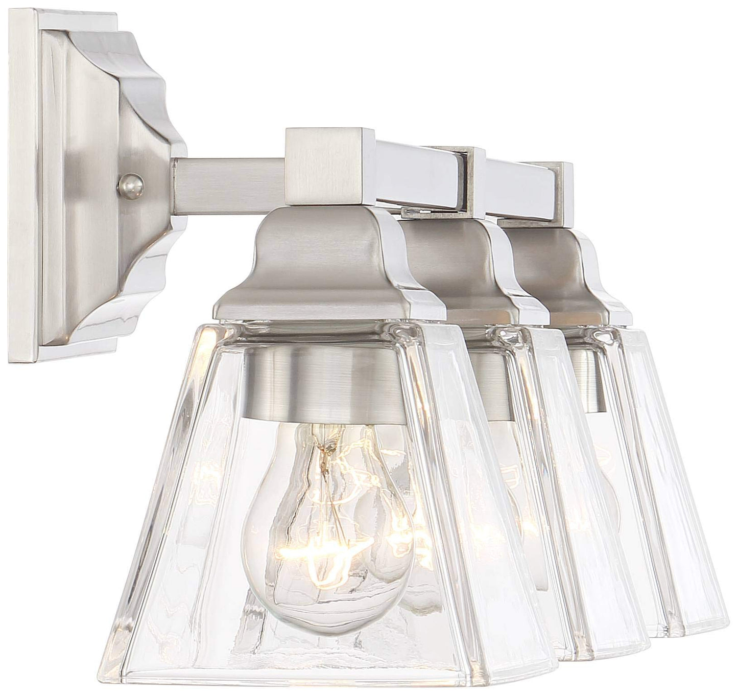 Regency Hill Mencino Mid Century Modern Wall Light Satin Nickel Silver Metal Hardwired 20" Wide 3-Light Fixture Clear Glass Cone Shade for Bathroom