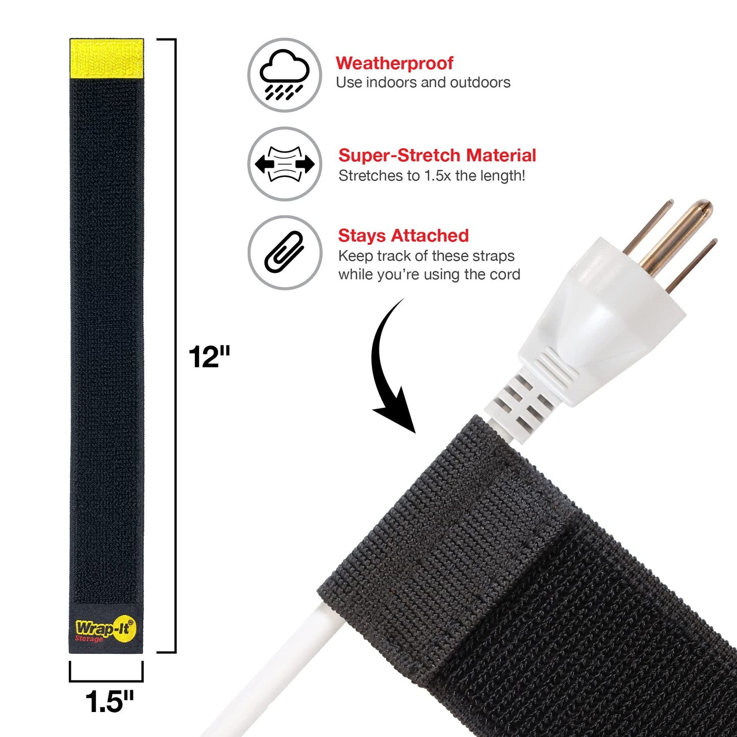 Selfie Straps by Wrap-It Storage, 12-inch (8-Pack), Black - Stretchy Hook and Loop Cord Organizer that Stays Attached to Cord for Electrical Cable