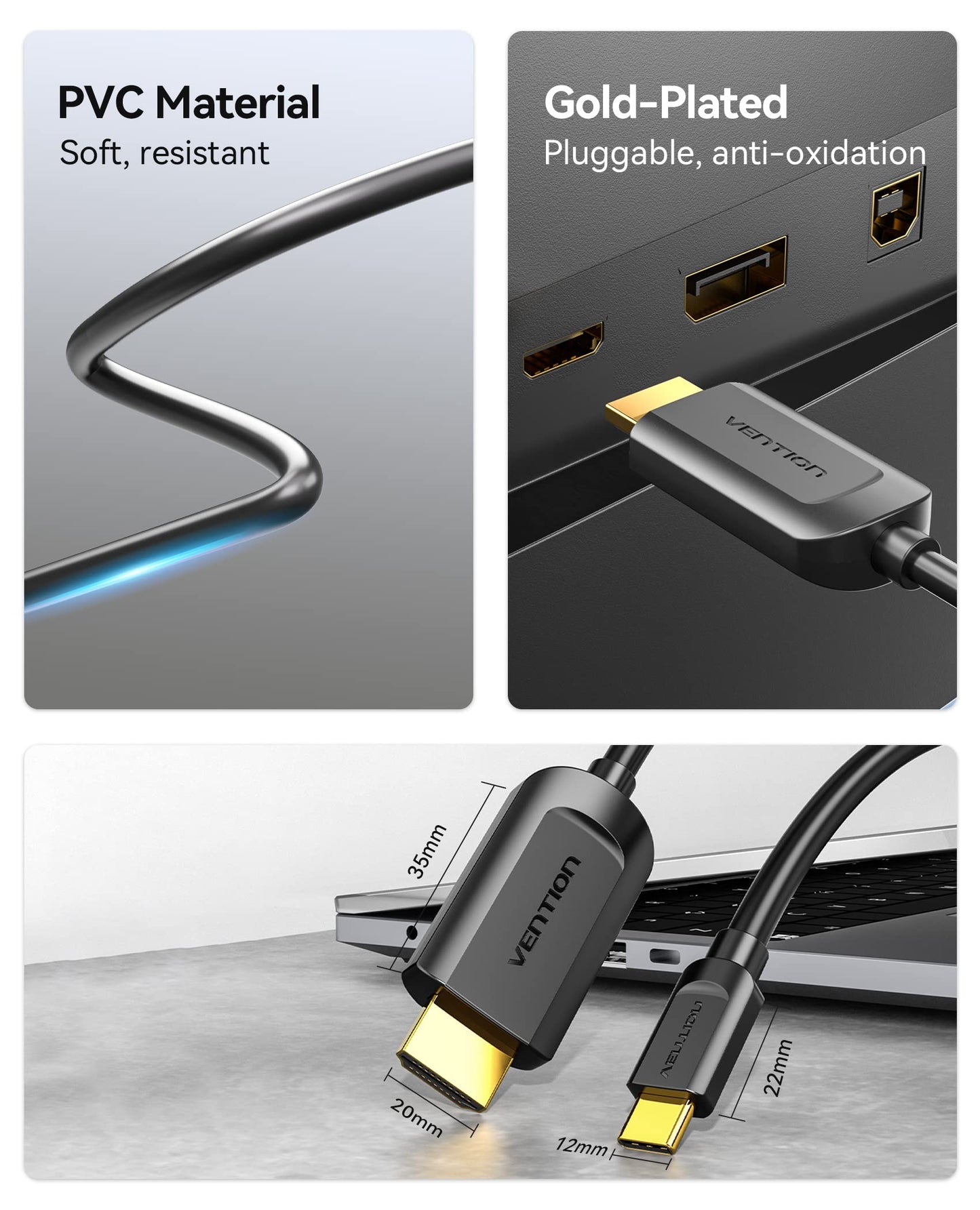 VENTION USB C to HDMI Cable 6.6FT (4K@30Hz, 2K@60Hz, 1080P@120Hz), Thunderbolt to HDMI Type C to HDMI Cable [Thunderbolt 3 Compatible] for MacBook