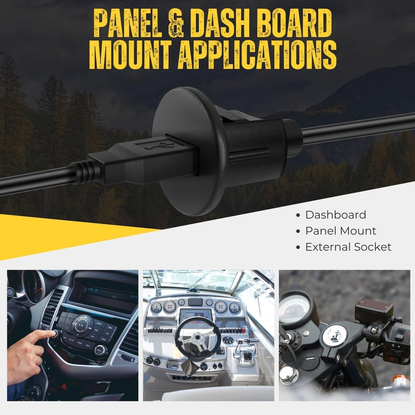 TNP USB Flush Mount Cable w/Buckle- Dashboard Panel Dash Mount 1 Port USB Socket Plug Jack Connector Extension Wire Cord Water Resistant Male
