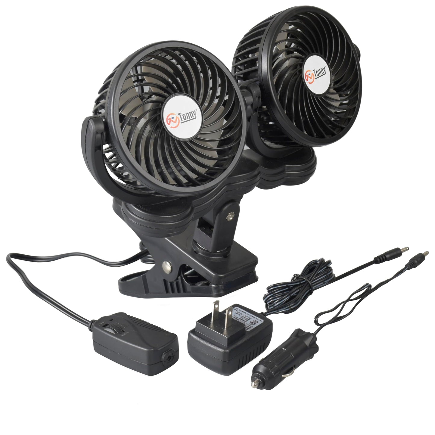 TN TONNY Brushless Motor Dual Head Clip On Fan,with DC 12V and AC 110V Power Adapter in Car and Home Use, 7 Blades Air Cooling Dual Head Fan